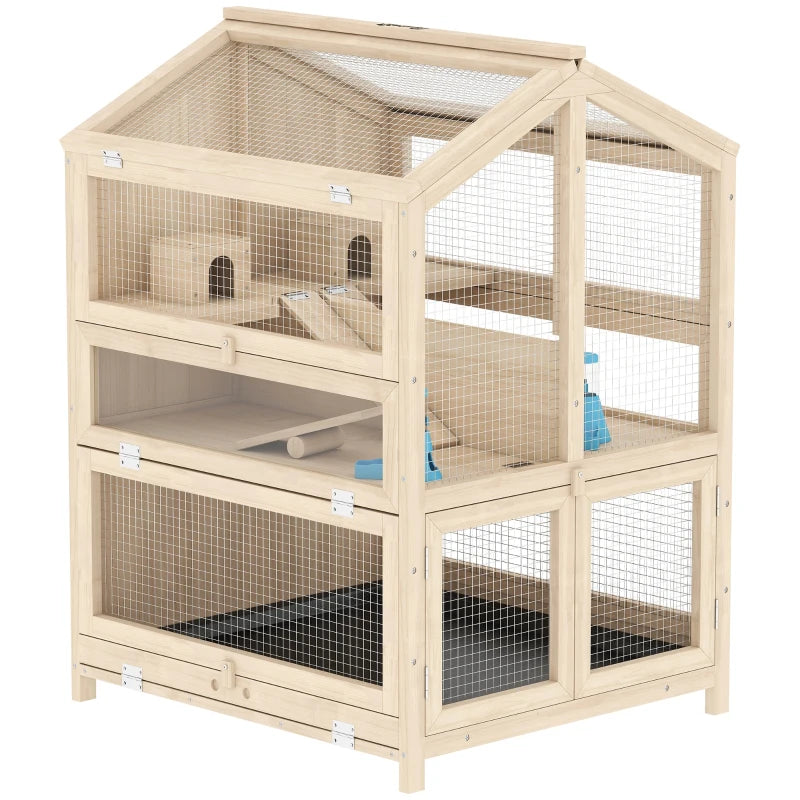 3-Tier Hamster Cage - Wooden Small Animal Habitat with Clear Panels