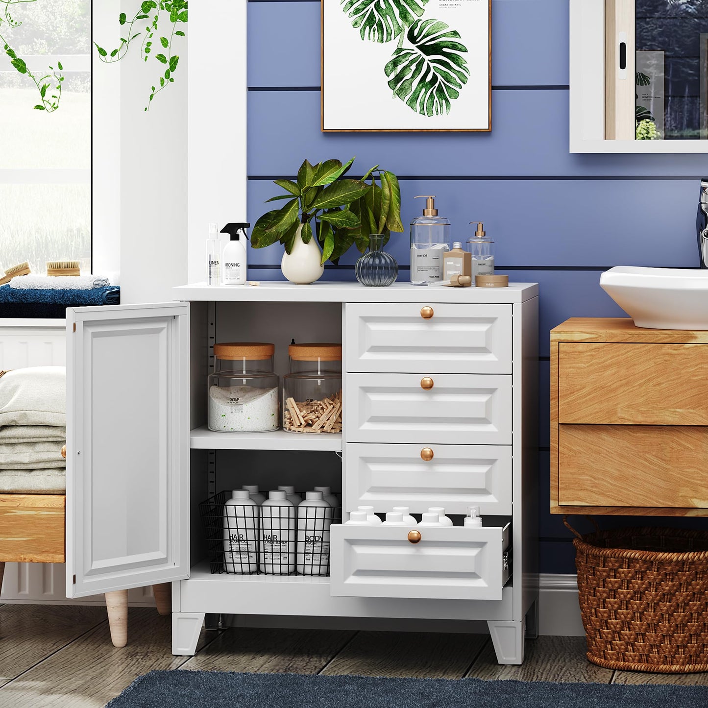 Metal Bathroom Storage Cabinet with 4 Drawers & Shelves - White