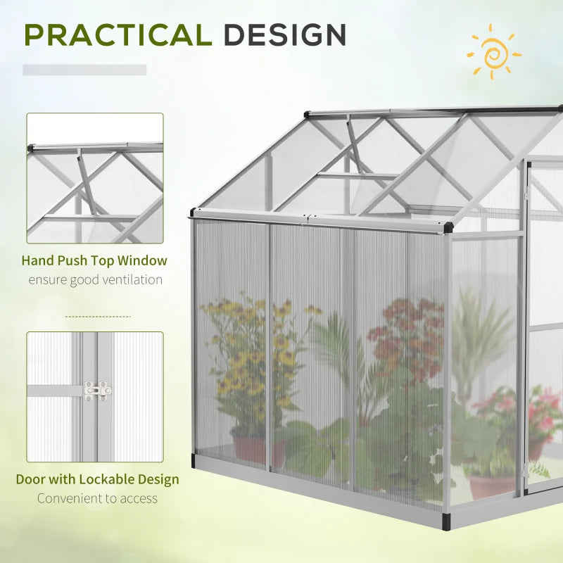 Walk-In Polycarbonate Greenhouse with Roof Vent & Rain Gutter - Silver, 8x6 ft