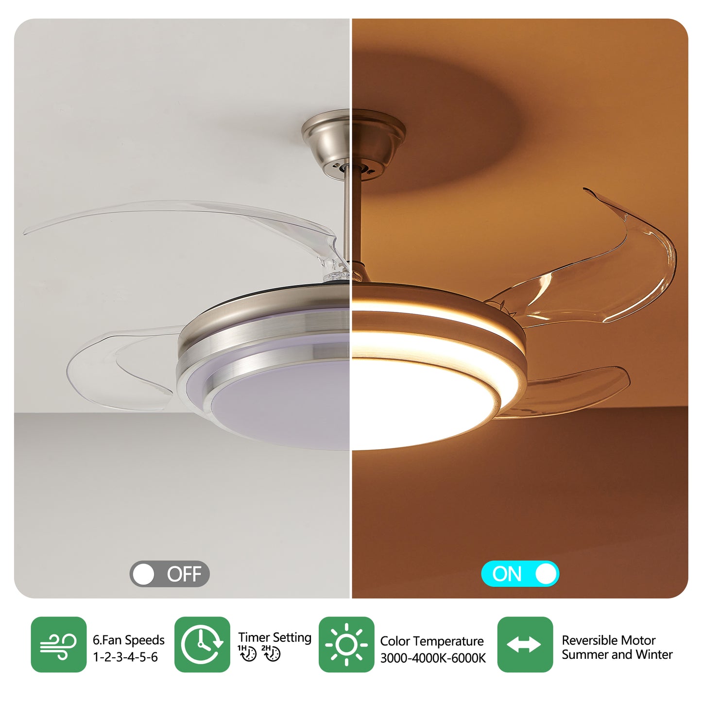42-Inch Modern LED Ceiling Fan with Remote Control - Retractable Blades, 6-Speed, Quiet Operation