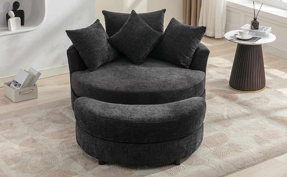 360° Swivel Accent Barrel Chair with Storage Ottoman & 4 Pillows - Gray