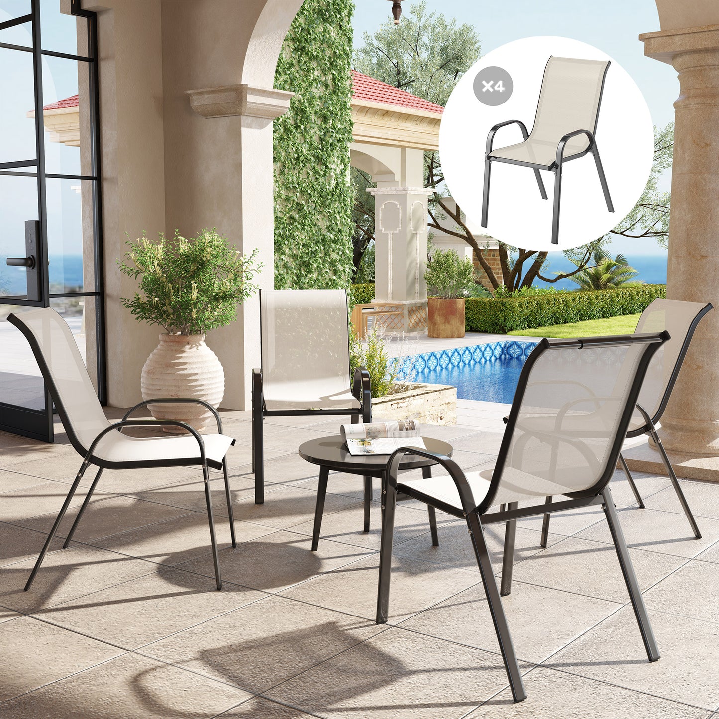 Set of 4 Stackable Outdoor Dining Chairs - Beige Mesh Seats