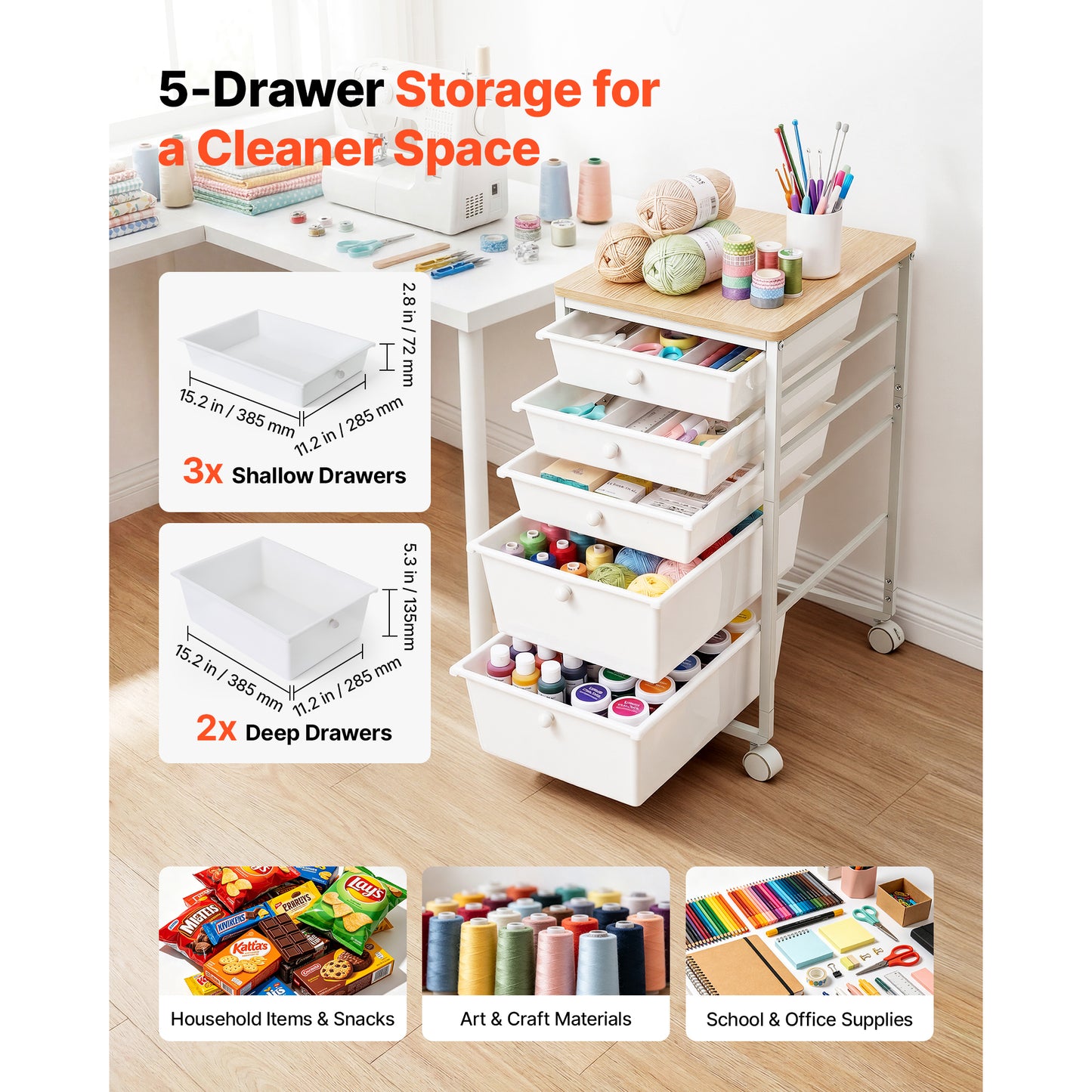 Rolling Cart with Drawers - 5 Drawer Storage Organizer for Office, Classroom, Craft, Bedroom, Makeup - White