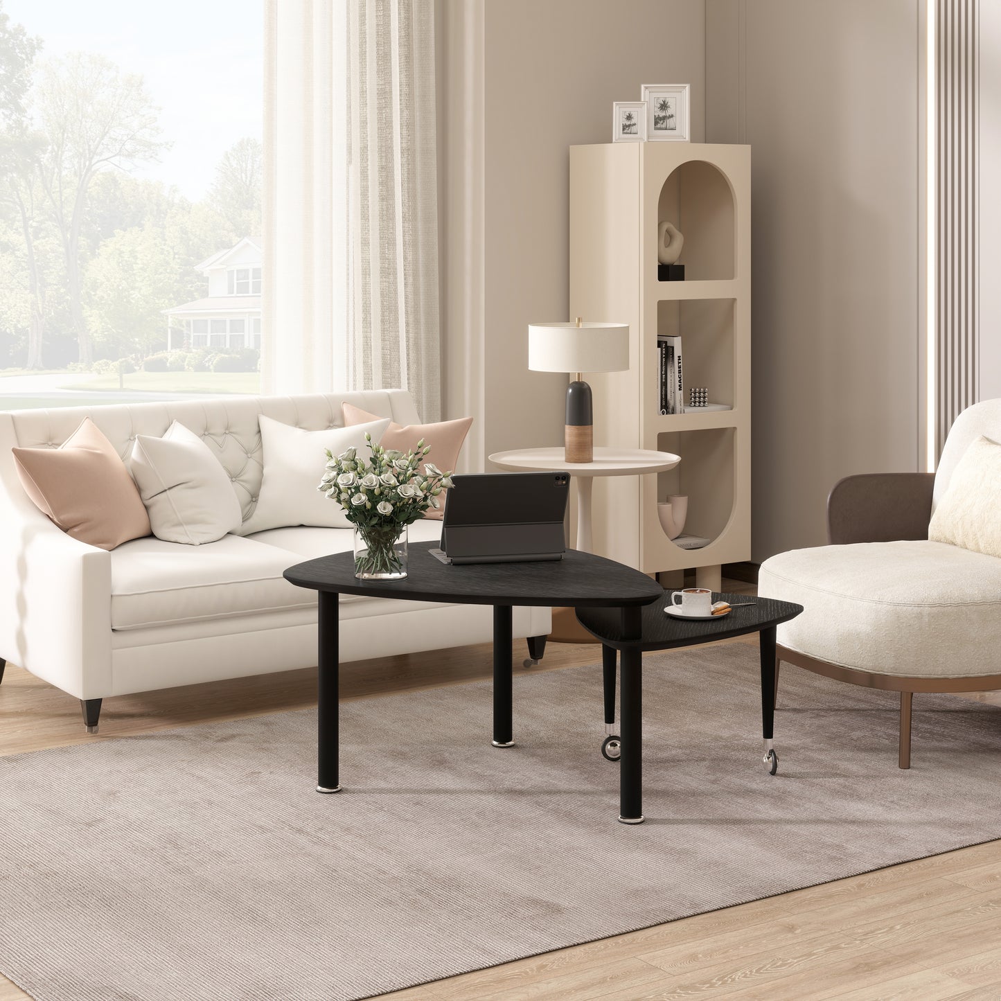 360 Degree Rotatable Modern Coffee Table For Living Room, Solid Wood