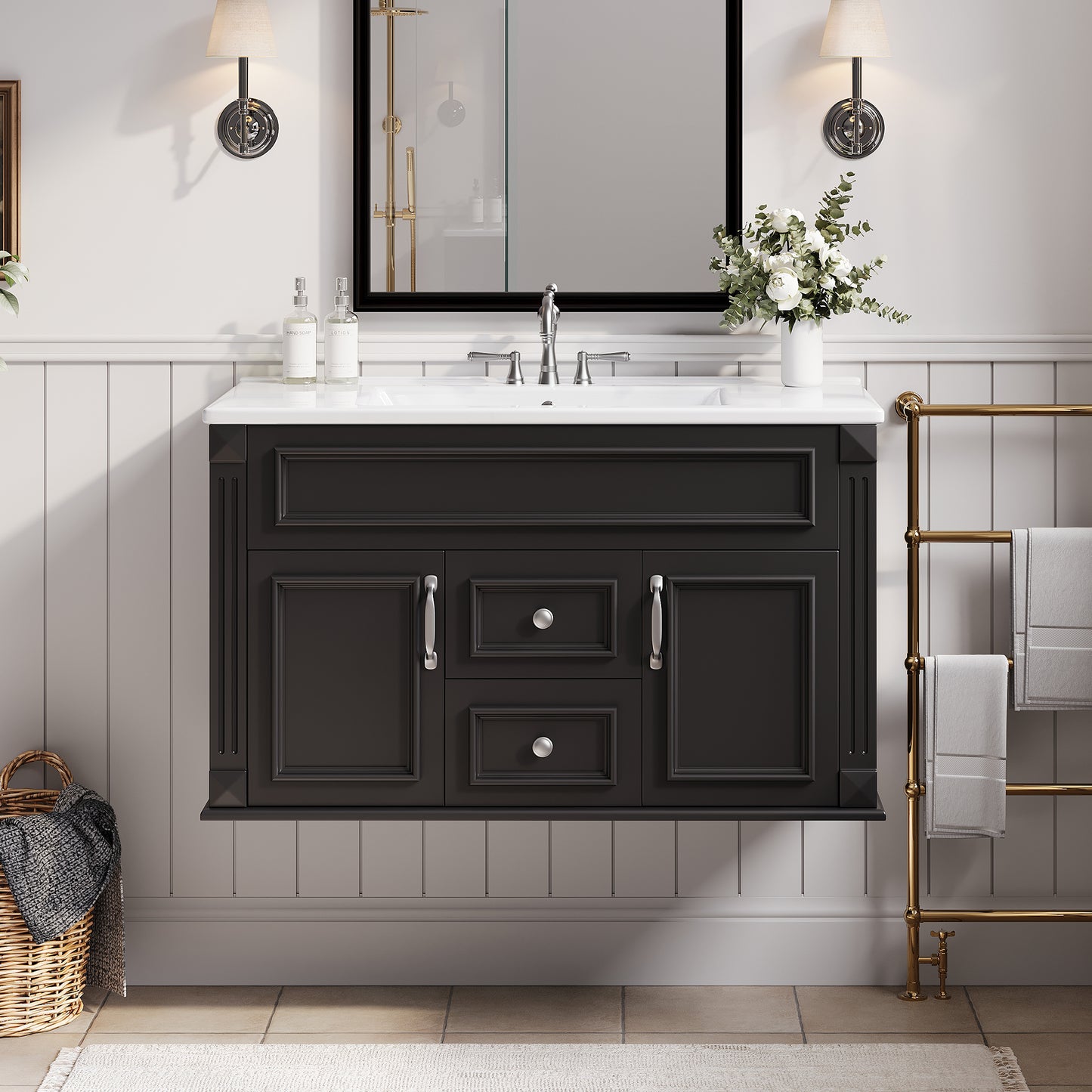 36-Inch Wall-Mounted Bathroom Vanity with Ceramic Sink - Black