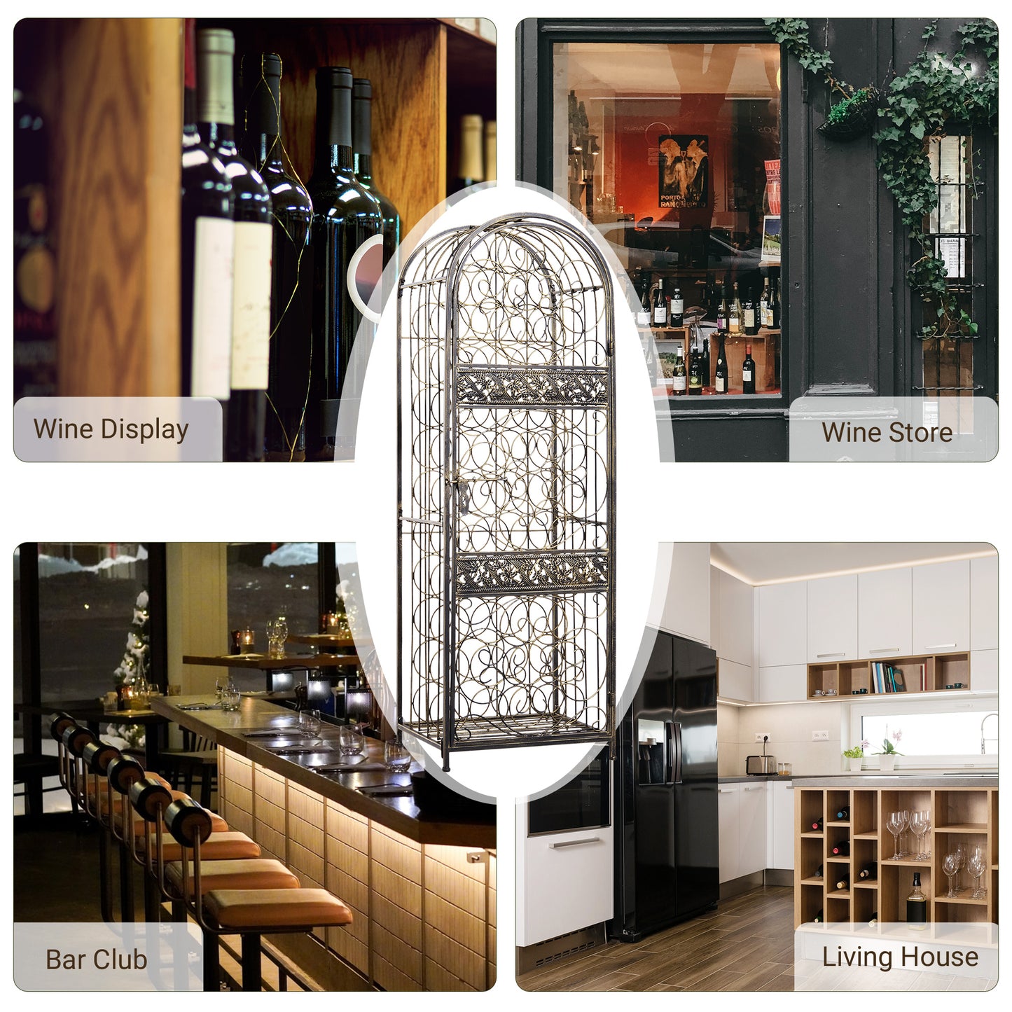 Wrought Iron Wine Rack with Lock - 45 Bottle Holder, Antique Bronze