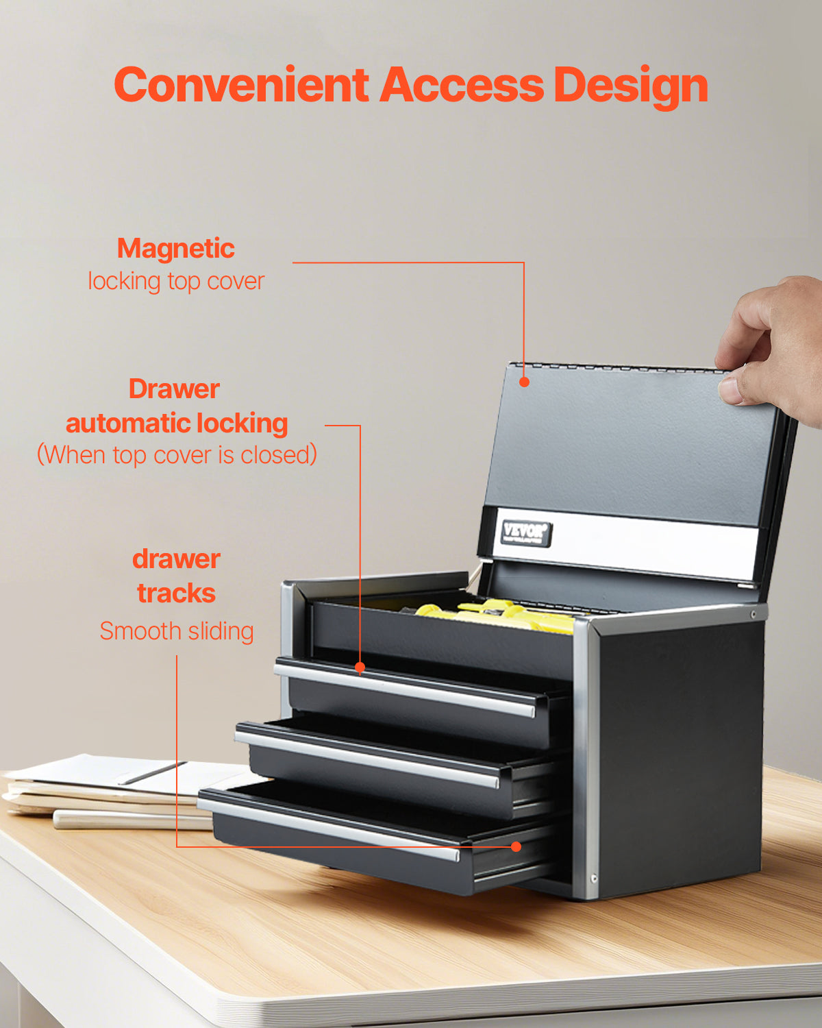 8.6-Inch Portable Metal Toolbox with 3 Drawers, Tool Organizer, Black