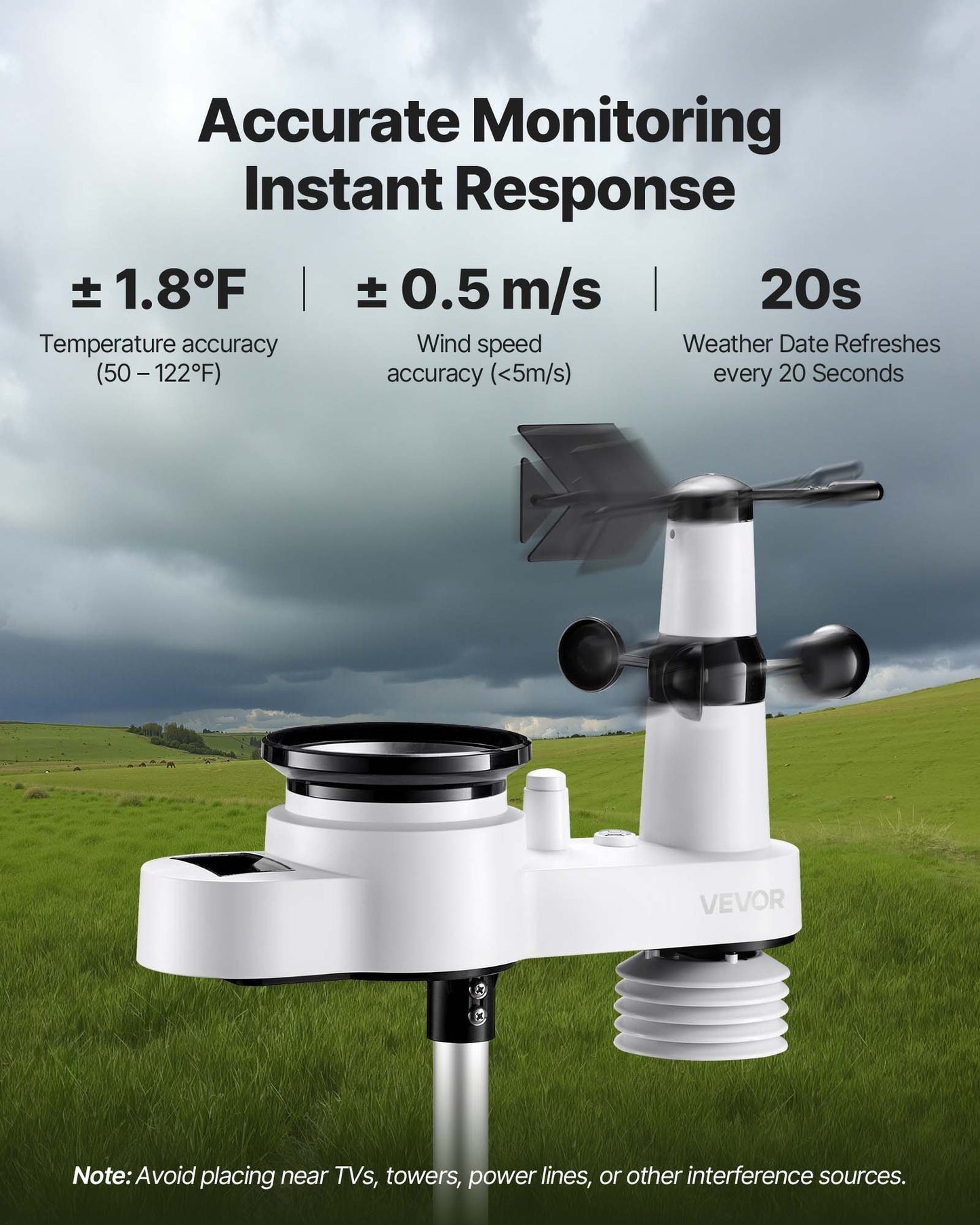 Wireless Weather Station 5-in-1 Outdoor Indoor Thermometer Sensor 7.5-Inch Display