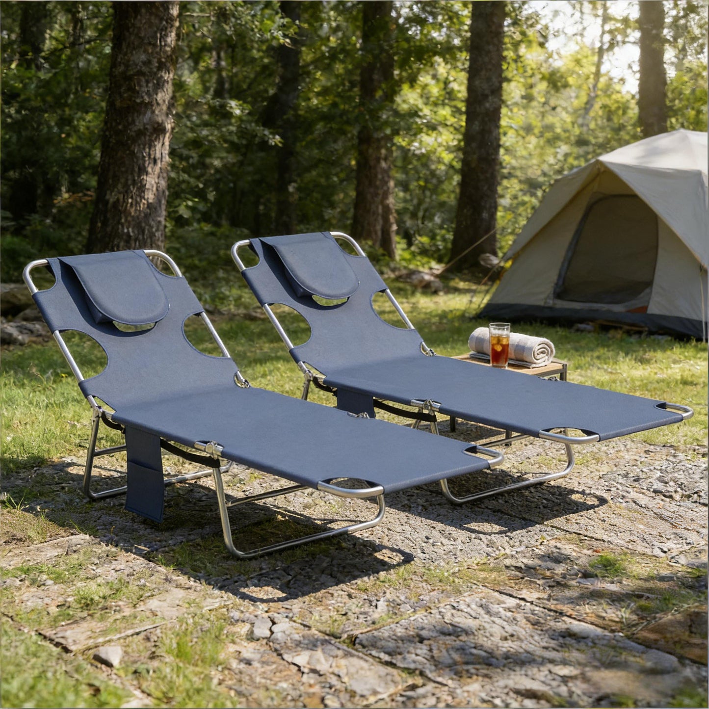 Adjustable Folding Tanning Chairs - Set of 2 Gray Loungers
