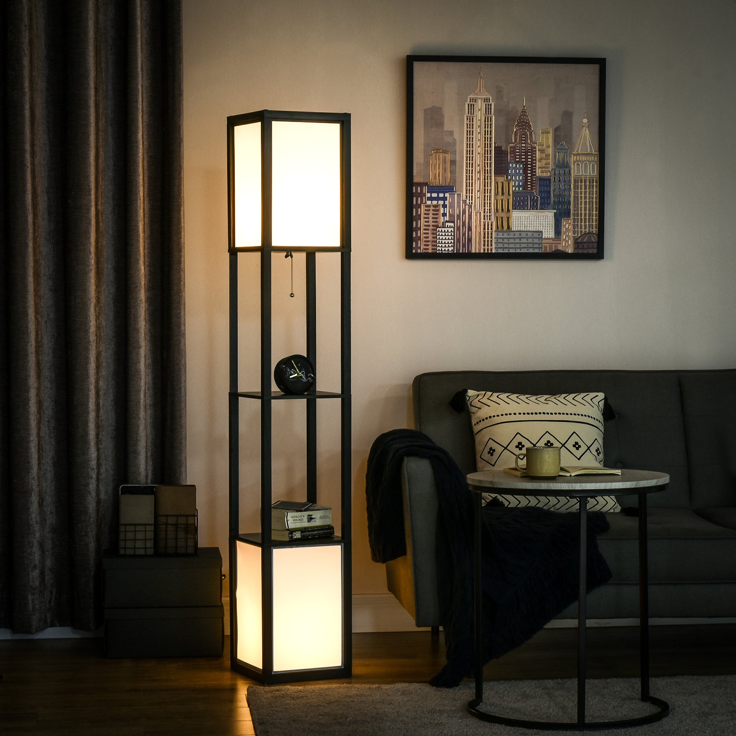 Modern Floor Lamp with Dual Ambient Shelves - Black, 300x190x420mm