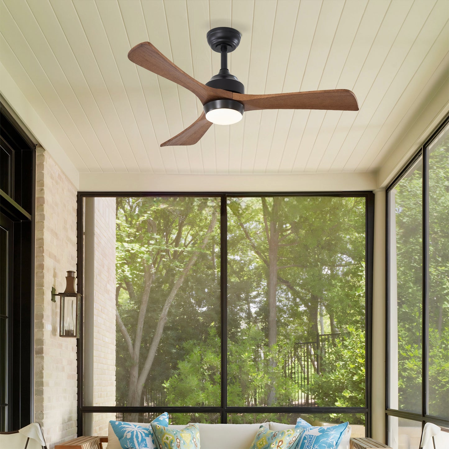 42" Matte Black Wood Blade Ceiling Fan with Remote Control & Lights