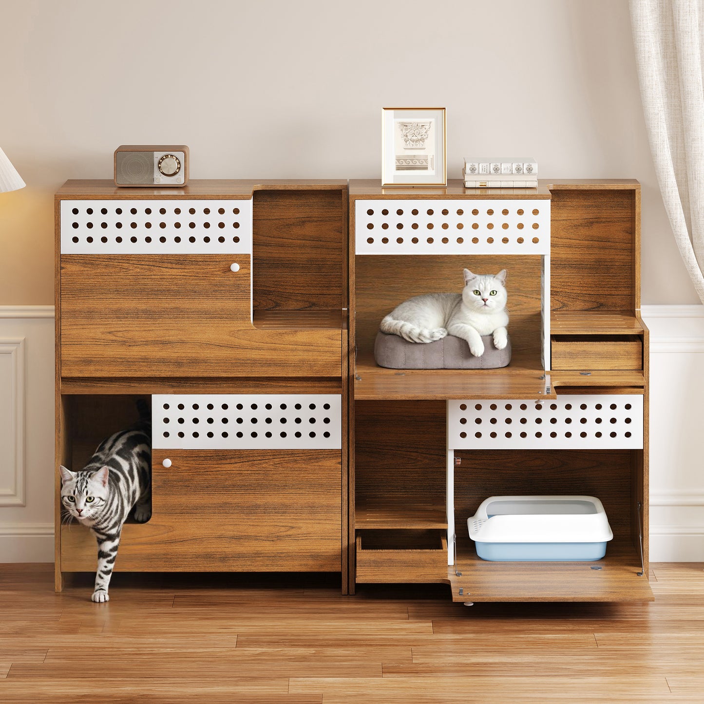 2-Piece Of Modern 2 IN 1 Cat Furniture Set, Litter Box Enclosure Side