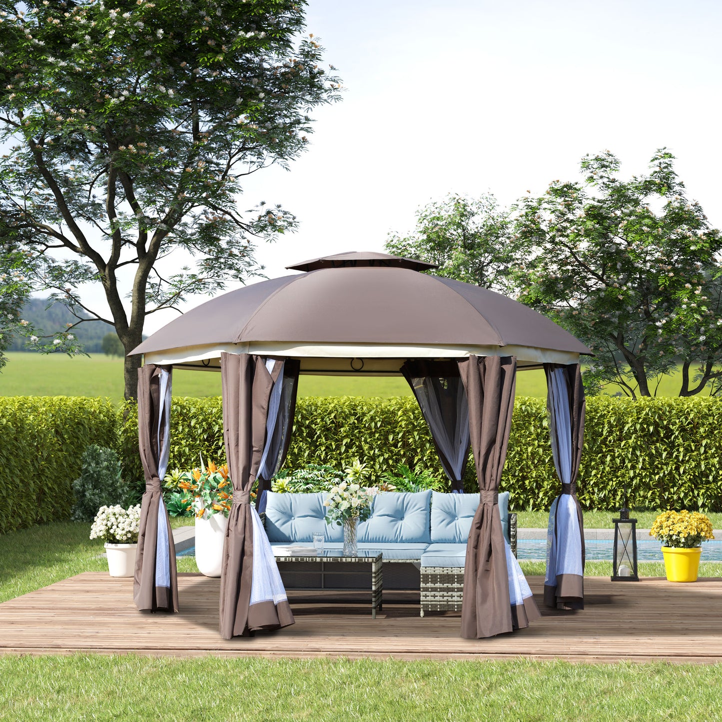 12x12 Brown Steel Gazebo Tent with Double Roof & Curtains