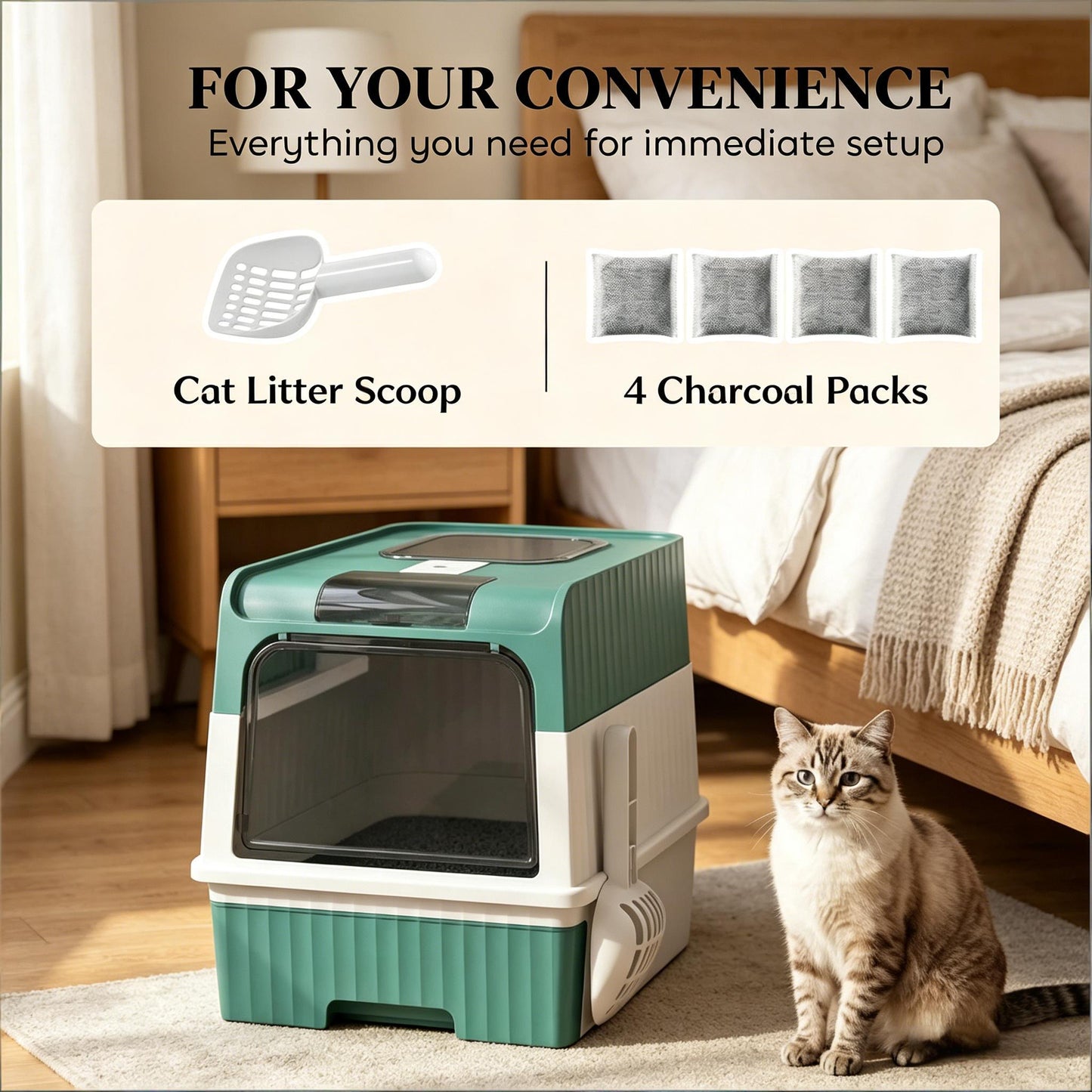 Enclosed Cat Litter Box with Slide-Out Tray - Black, Teal, White