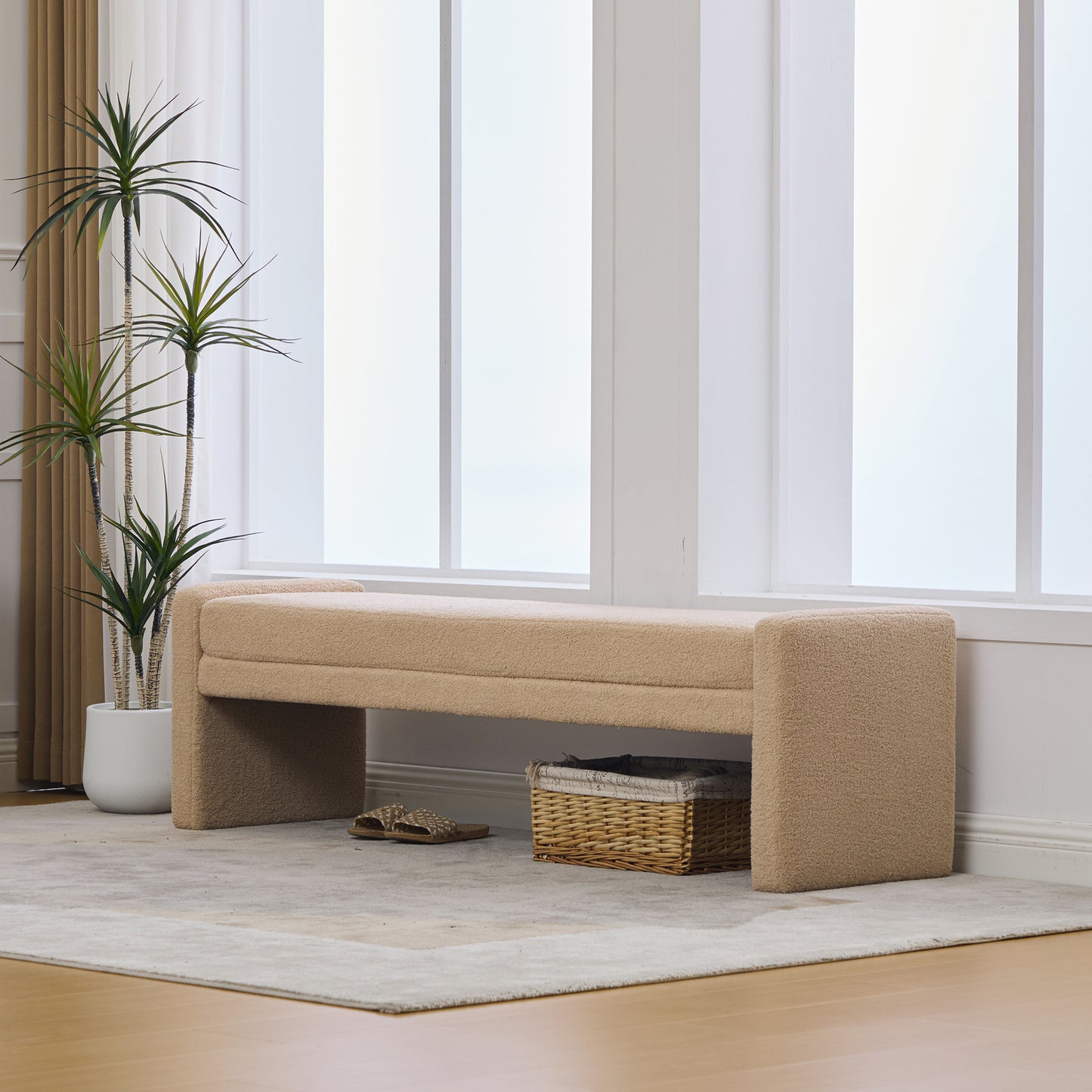 66.9" Modern Upholstered Boucle End Of Bed Bench - Wheat