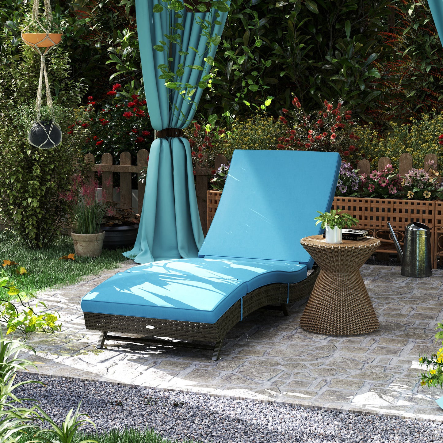 Outdoor PE Rattan Chaise Lounge Chair with Adjustable Backrest - Sky Blue