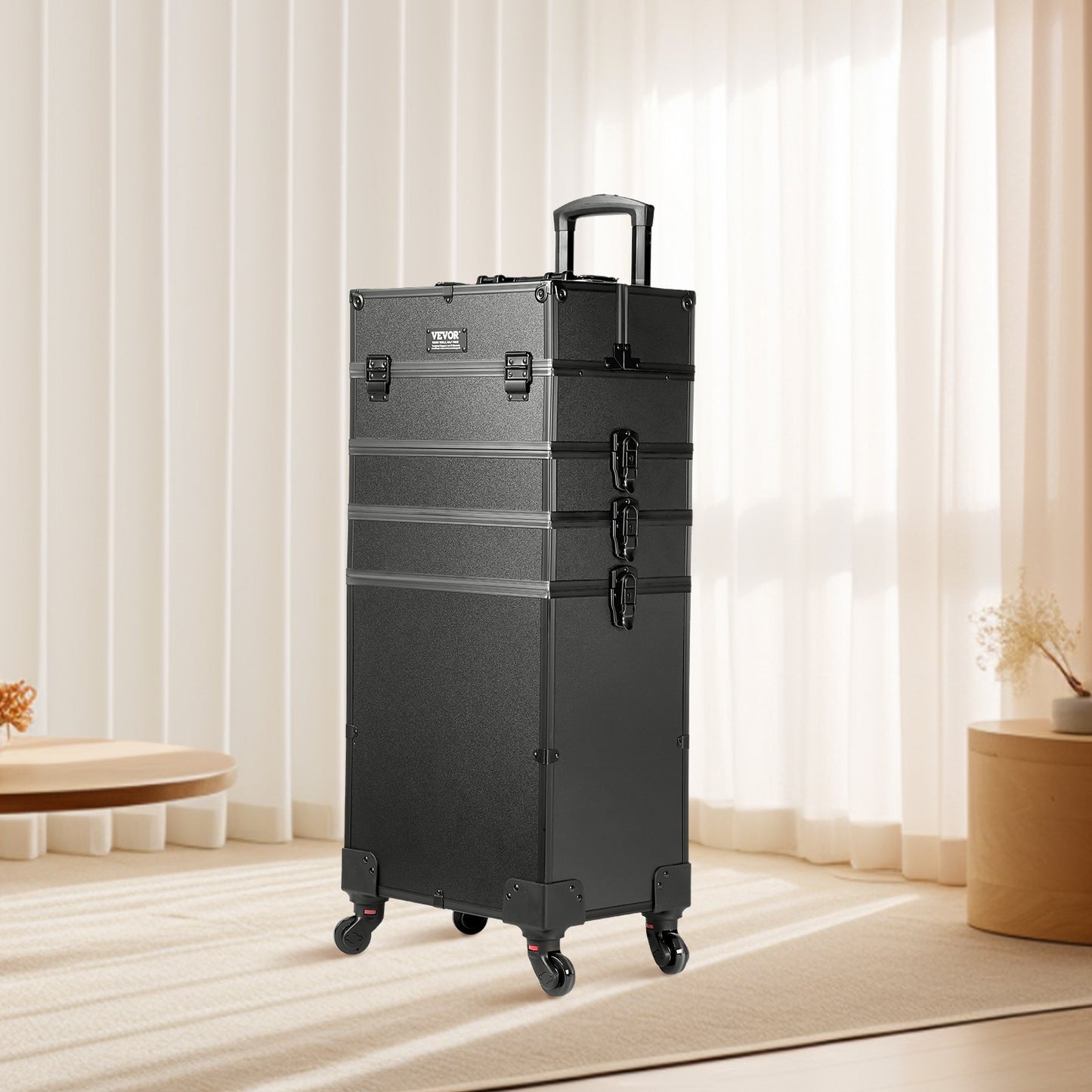 Large Makeup Train Case with 4 Detachable Compartments and 360° Wheels - Travel Cosmetic Organizer