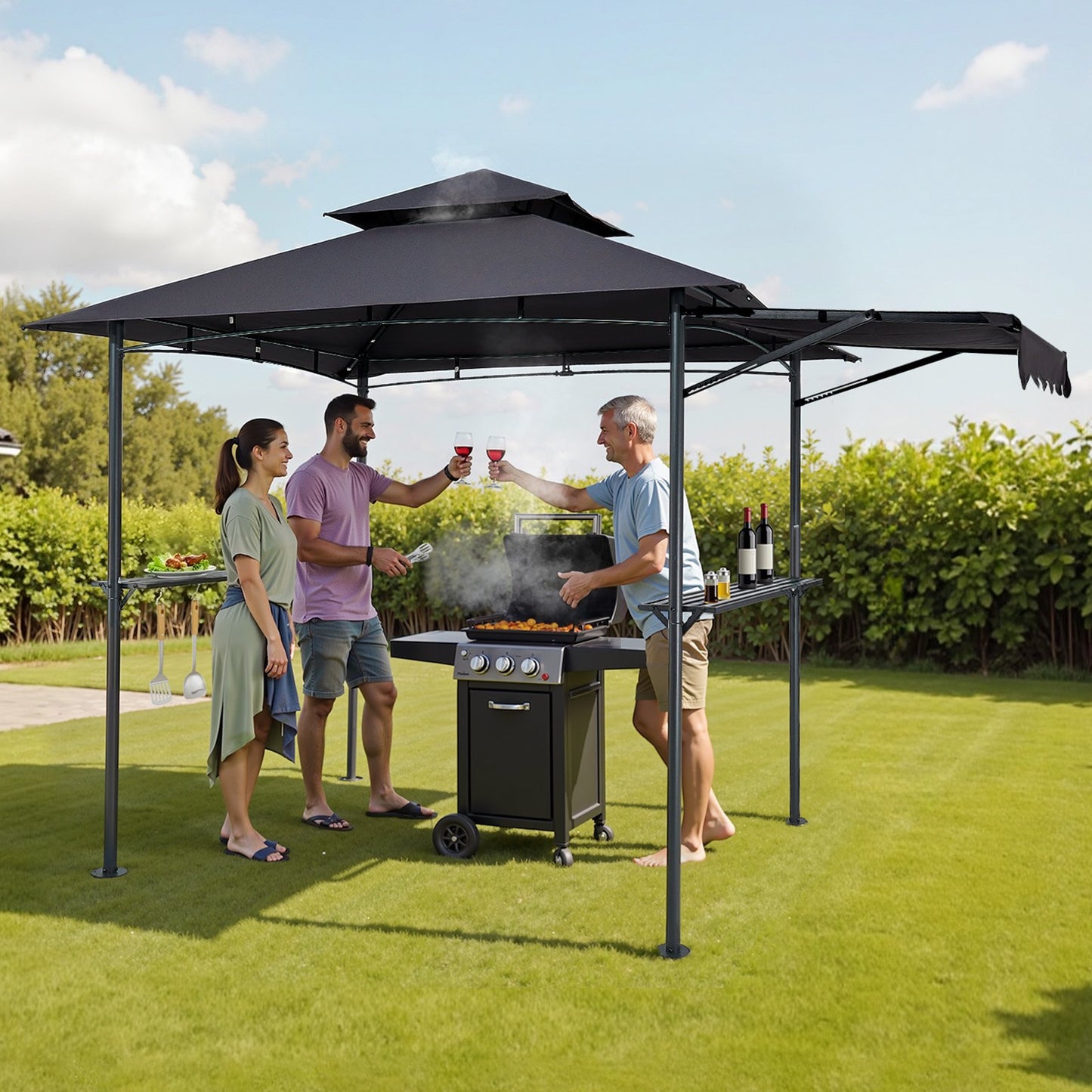 8x5 ft BBQ Gazebo Canopy Shelter with Double-Tiered Roof & Side Awnings