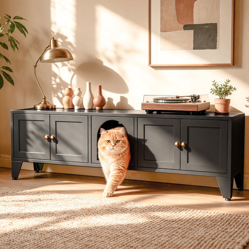 58in Metal Cat Litter Box Enclosure with Ventilation & Storage - Black Modern Pet House & TV Stand