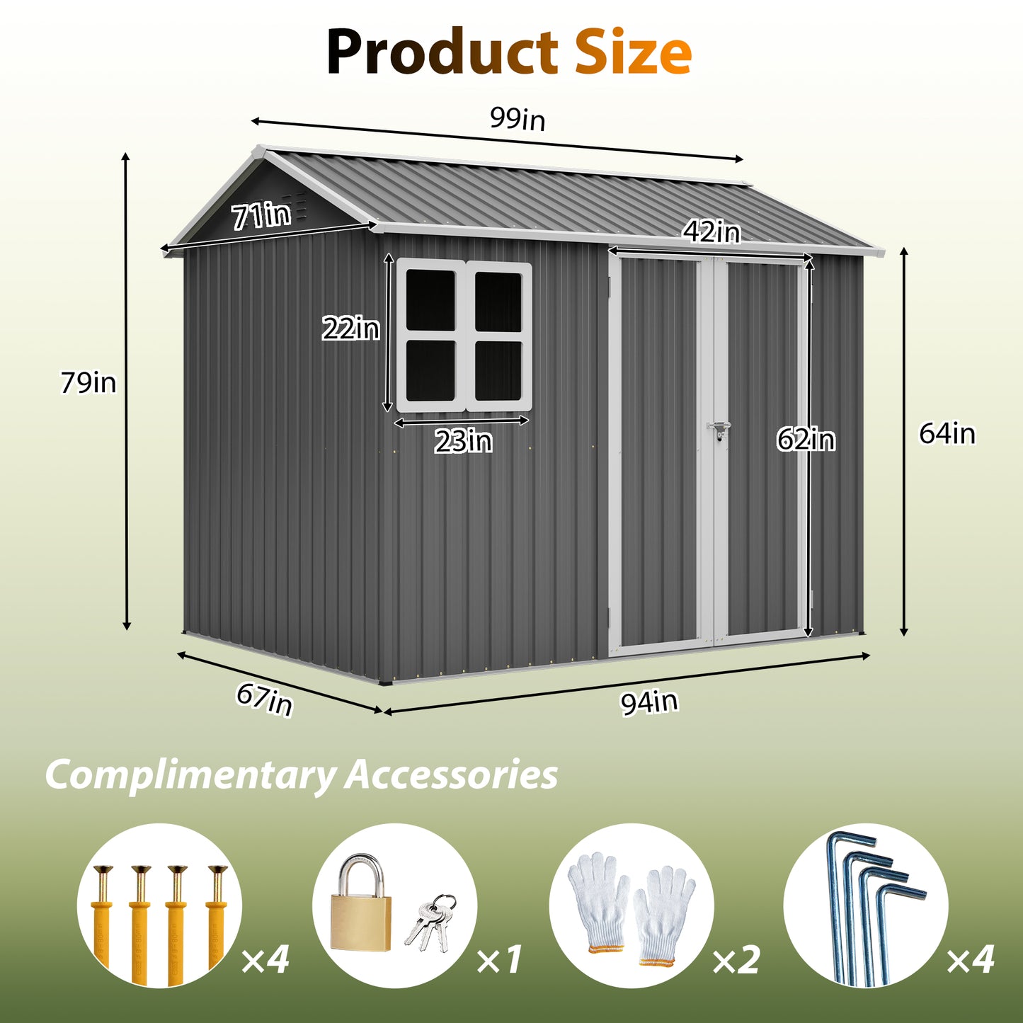 8'x6' Large Steel Storage Shed With Window, Lockable Doors & Sloped