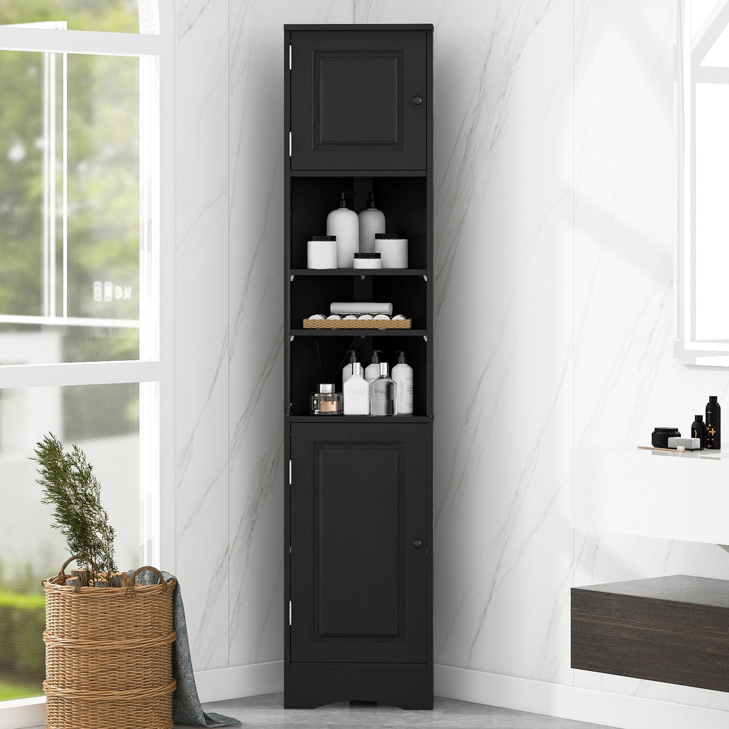 Tall Bathroom Corner Cabinet with Adjustable Shelves - Black