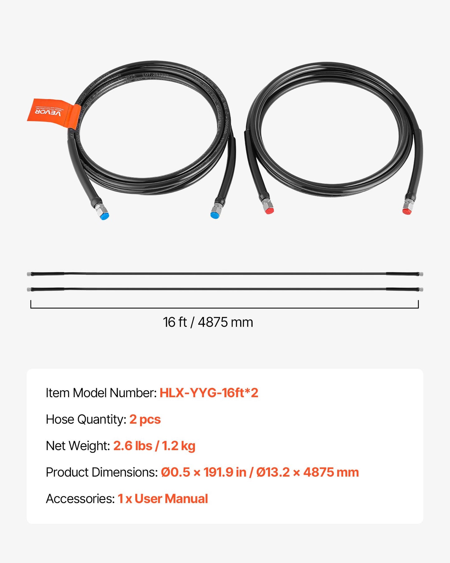 Hydraulic Steering Hose Kit 16 Ft Leak-Proof Marine Outboard System Fittings