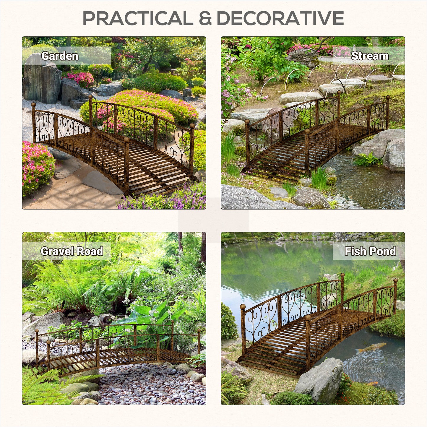Bronze Metal Garden Arch Bridge with Side Railings, Decorative Scrollwork, 840x740x245 mm