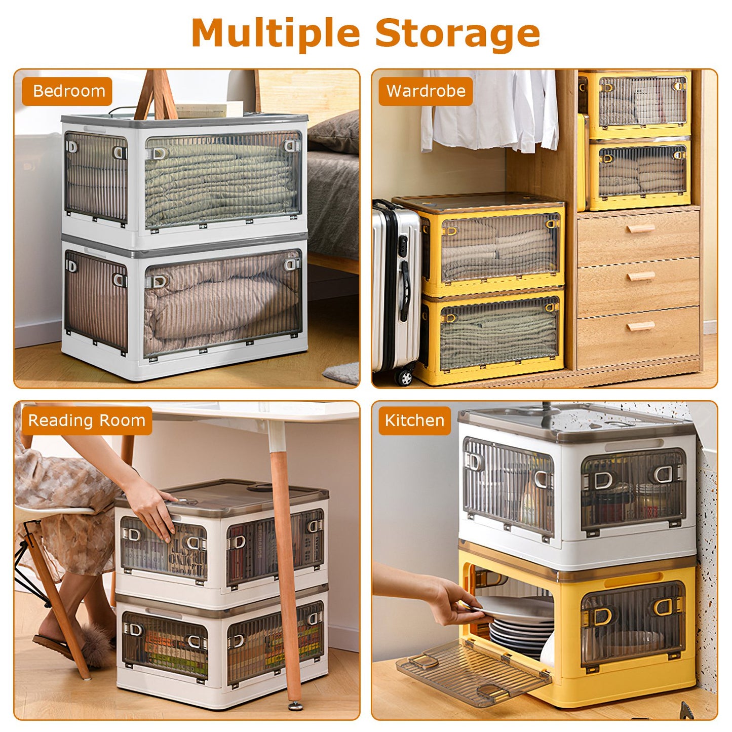 1Pc 70QT 66L Foldable Storage Bins With Lid 4 Doors Collapsible
