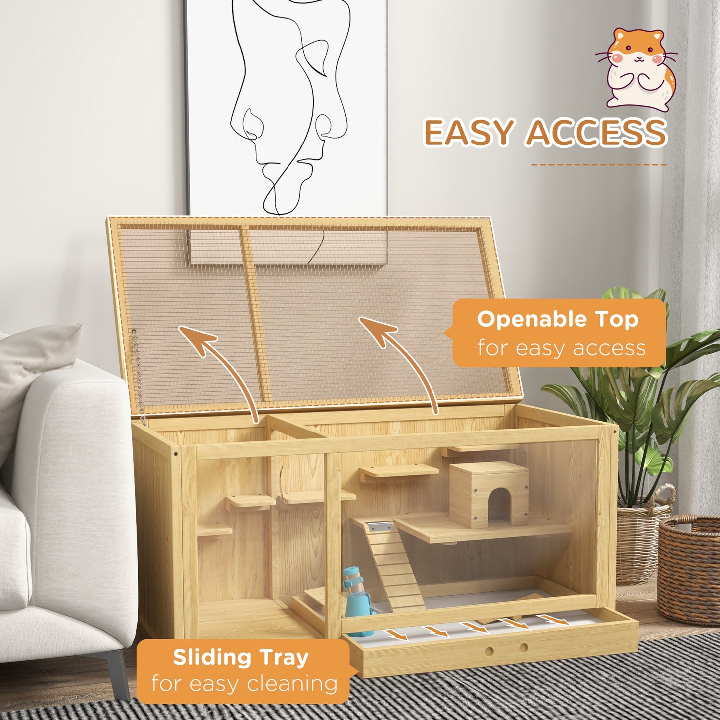 Large Wooden Hamster Cage with Pull-Out Tray & Multi-Level Accessories