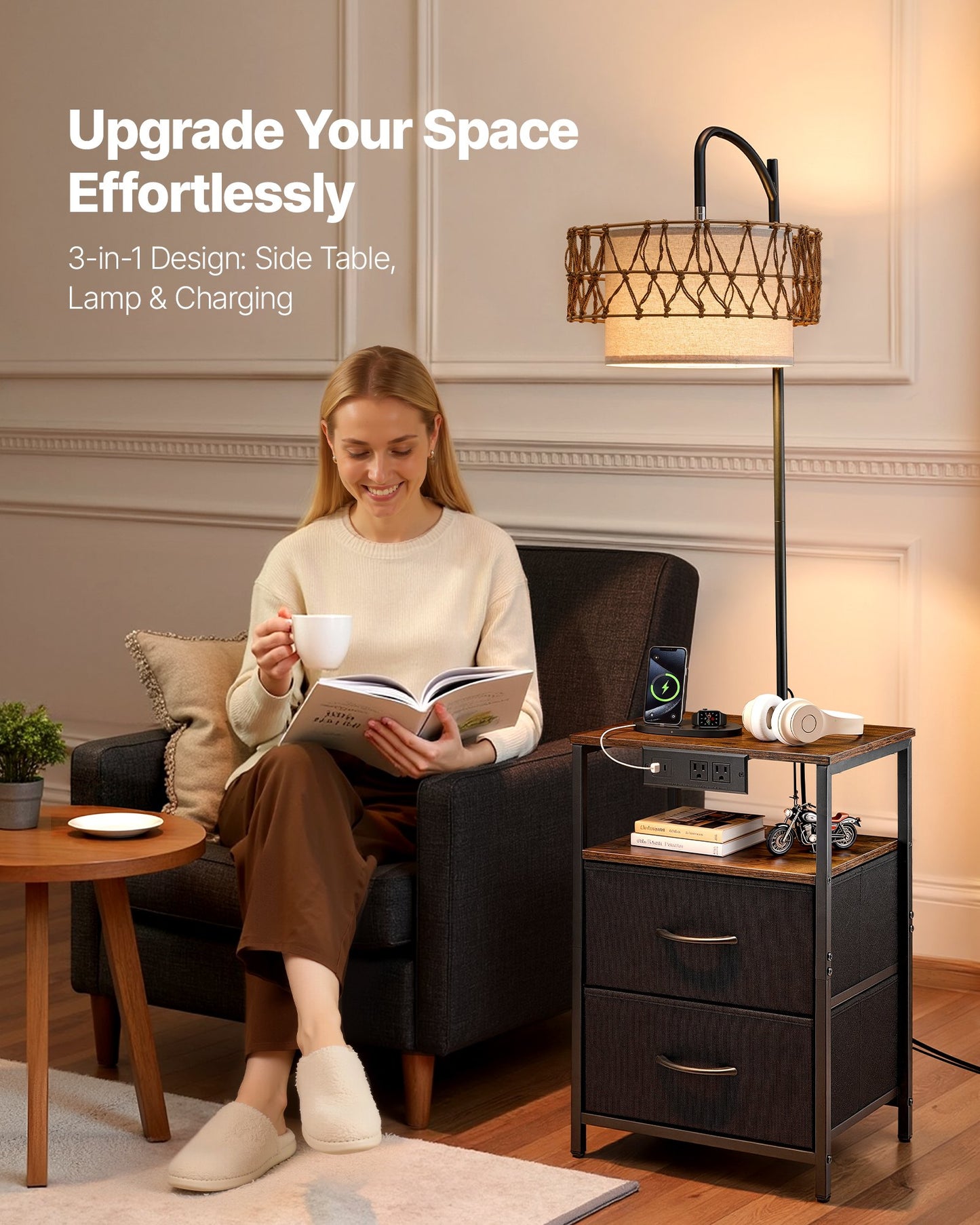 Floor Lamp with 2-Tier End Table - Modern Nightstand with USB & Charging Ports