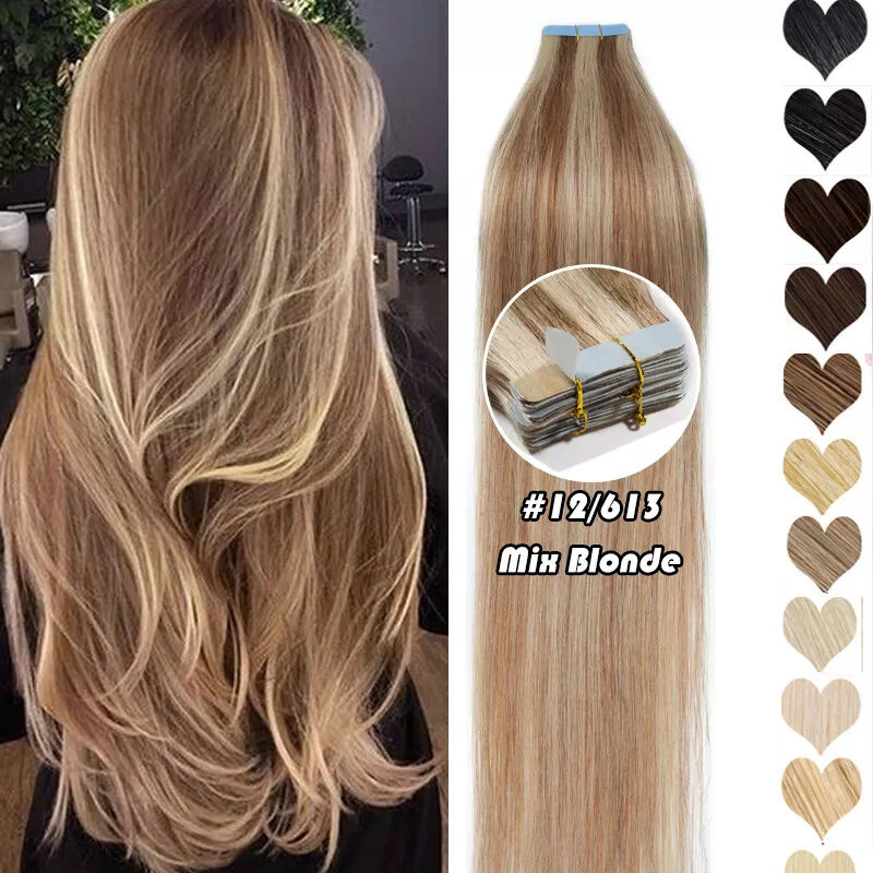 Platinum Blonde Straight Human Hair Tape In Extensions - Seamless Weft
