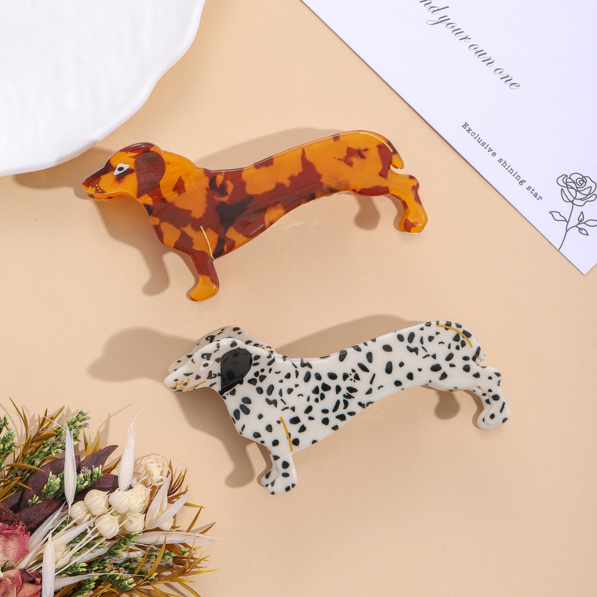 Dachshund Acrylic Hair Clip - Puppy Hair Accessory, Spotted & Leopard Dog Styles