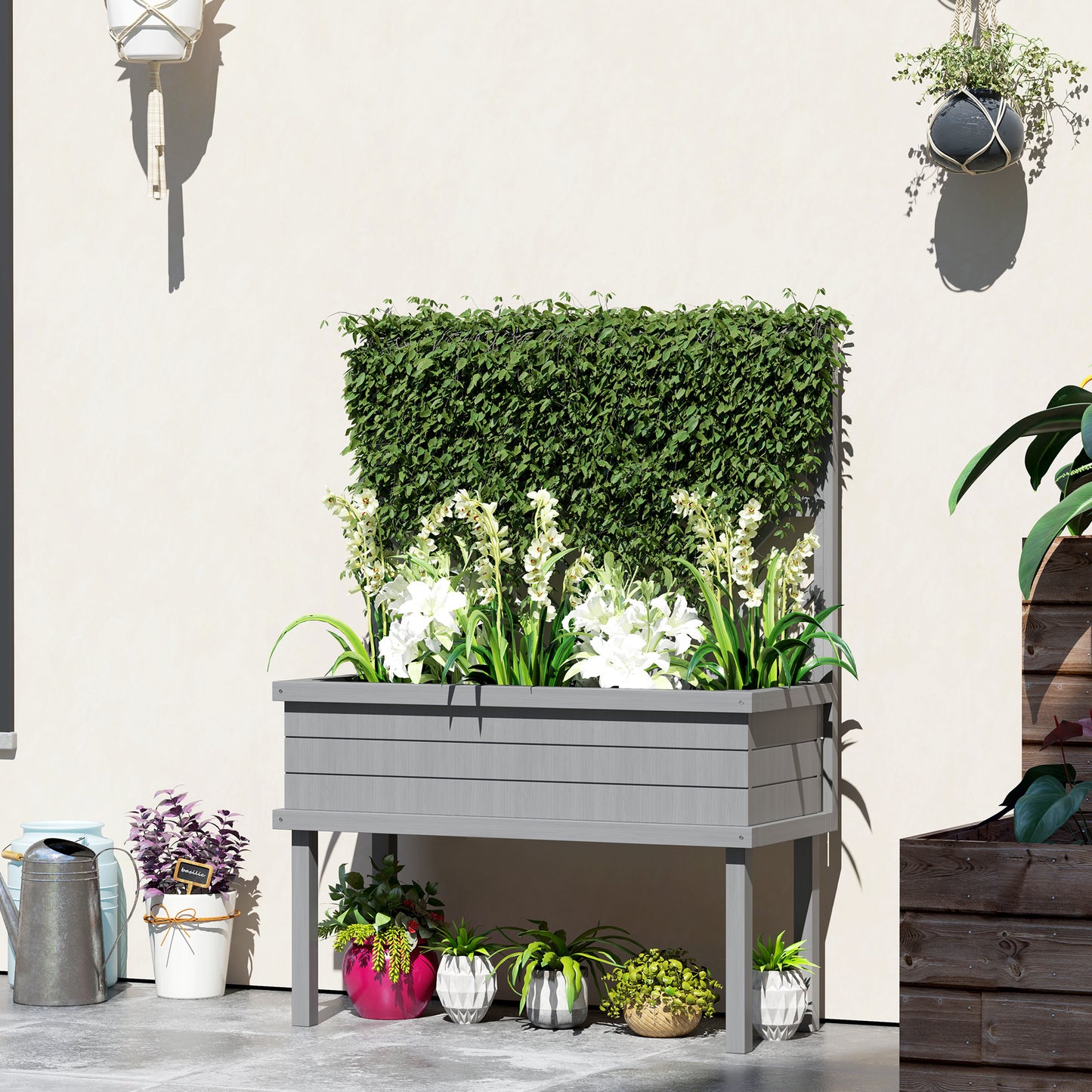 Wood Planter with Trellis for Climbing Plants - Raised Garden Bed, Gray