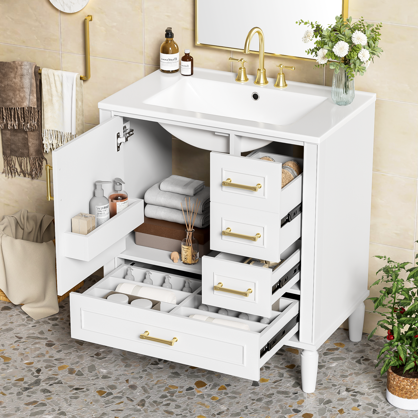 30" Bathroom Vanity with Ceramic Sink and Ample Storage - White