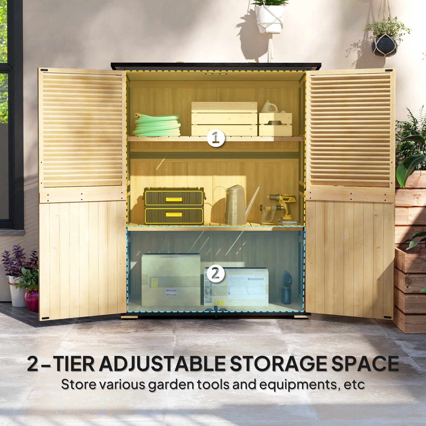 Wood Storage Shed, Outdoor Garden Shed With Asphalt Roof, 2 Shelves,