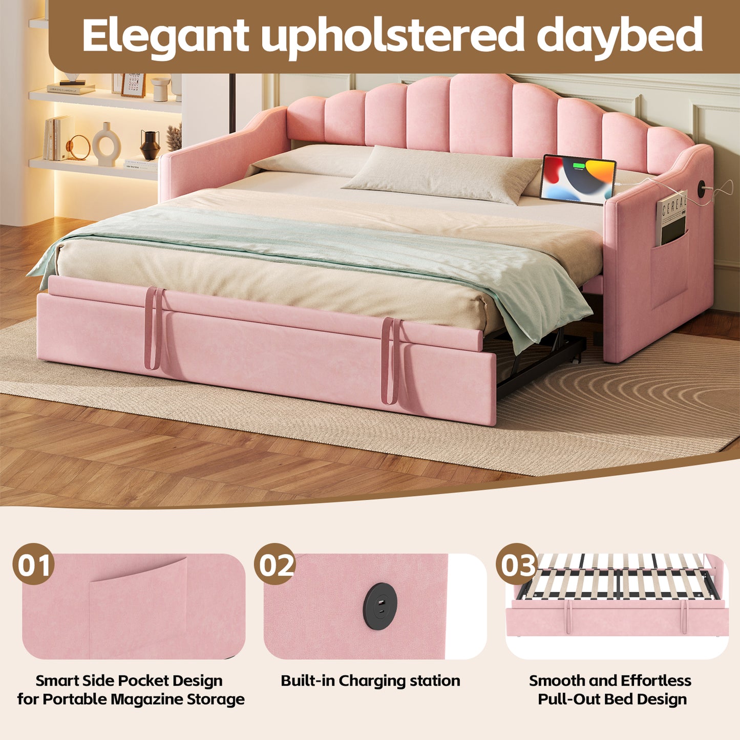Upholstered Twin Size Daybed With Adjustable Height Pop Up Trundle