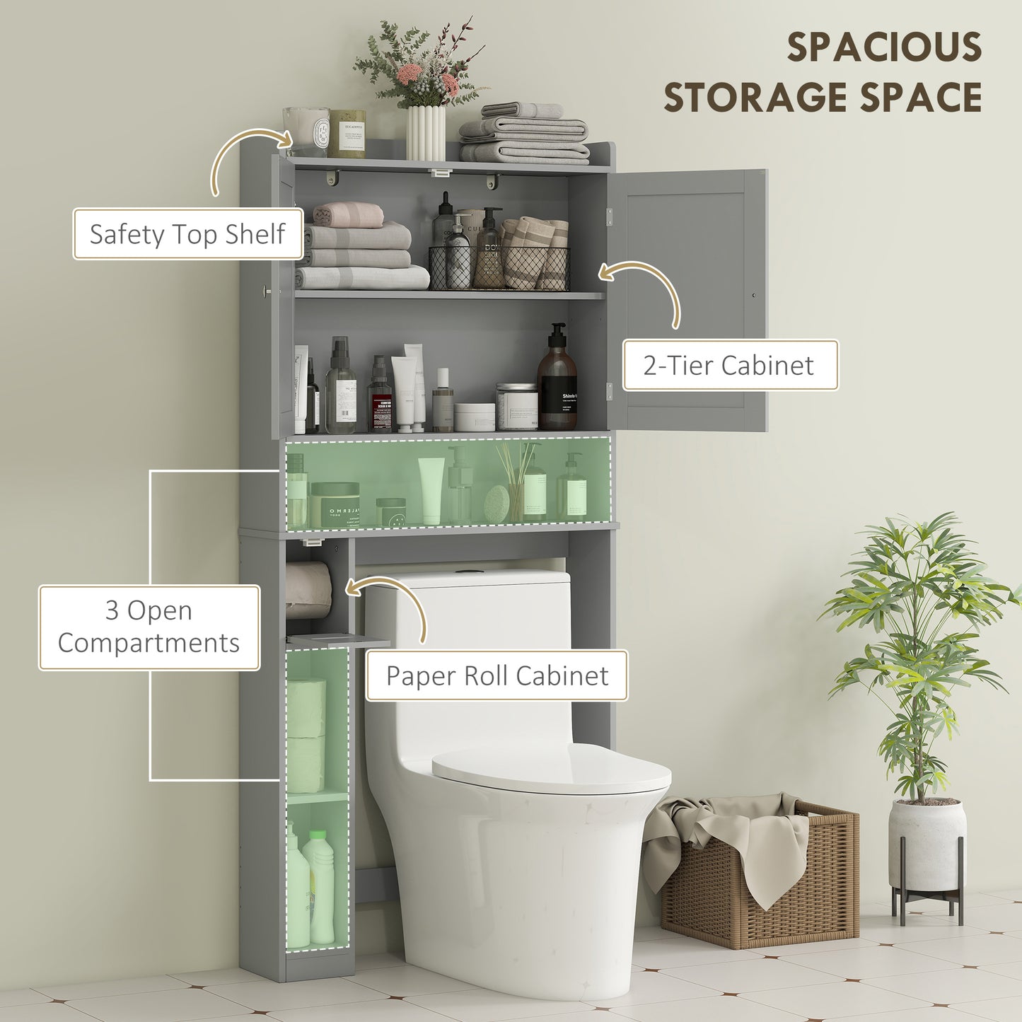 Over The Toilet Storage Cabinet with 2 Doors and Tissue Holder - Gray