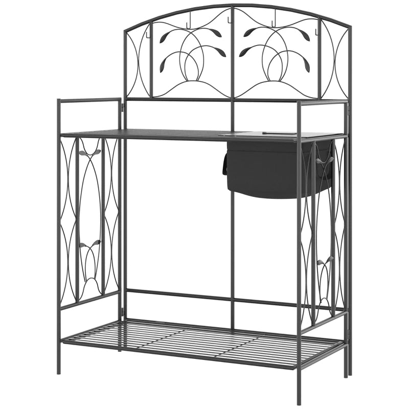 Folding Garden Potting Bench Table with Storage Bag & Hooks - Black
