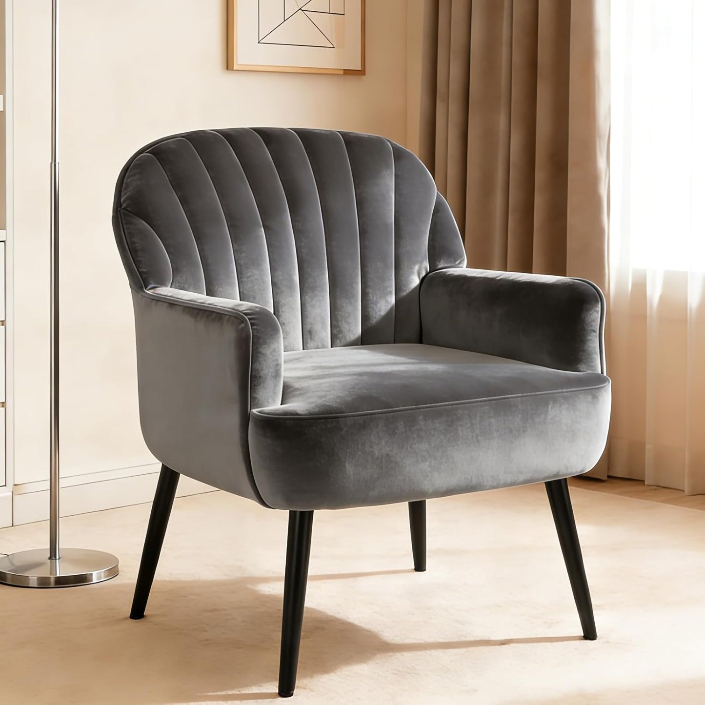 Modern Velvet Accent Chair with Metal Legs - Grey