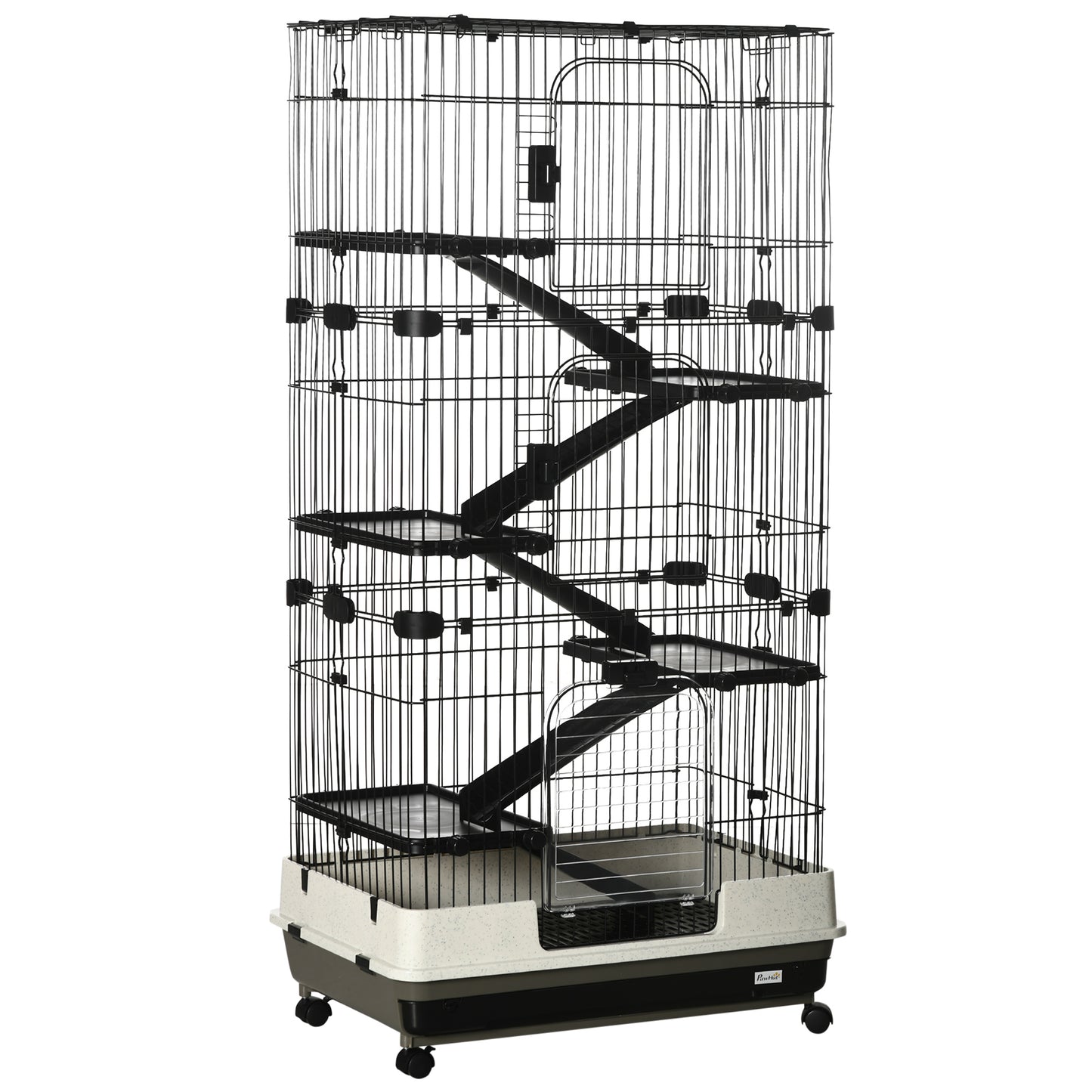 Small Animal Cage 32 Inch 6-Level with Lockable Wheels & Slide-Out Tray for Rabbits, Ferrets, Chinchillas - Black