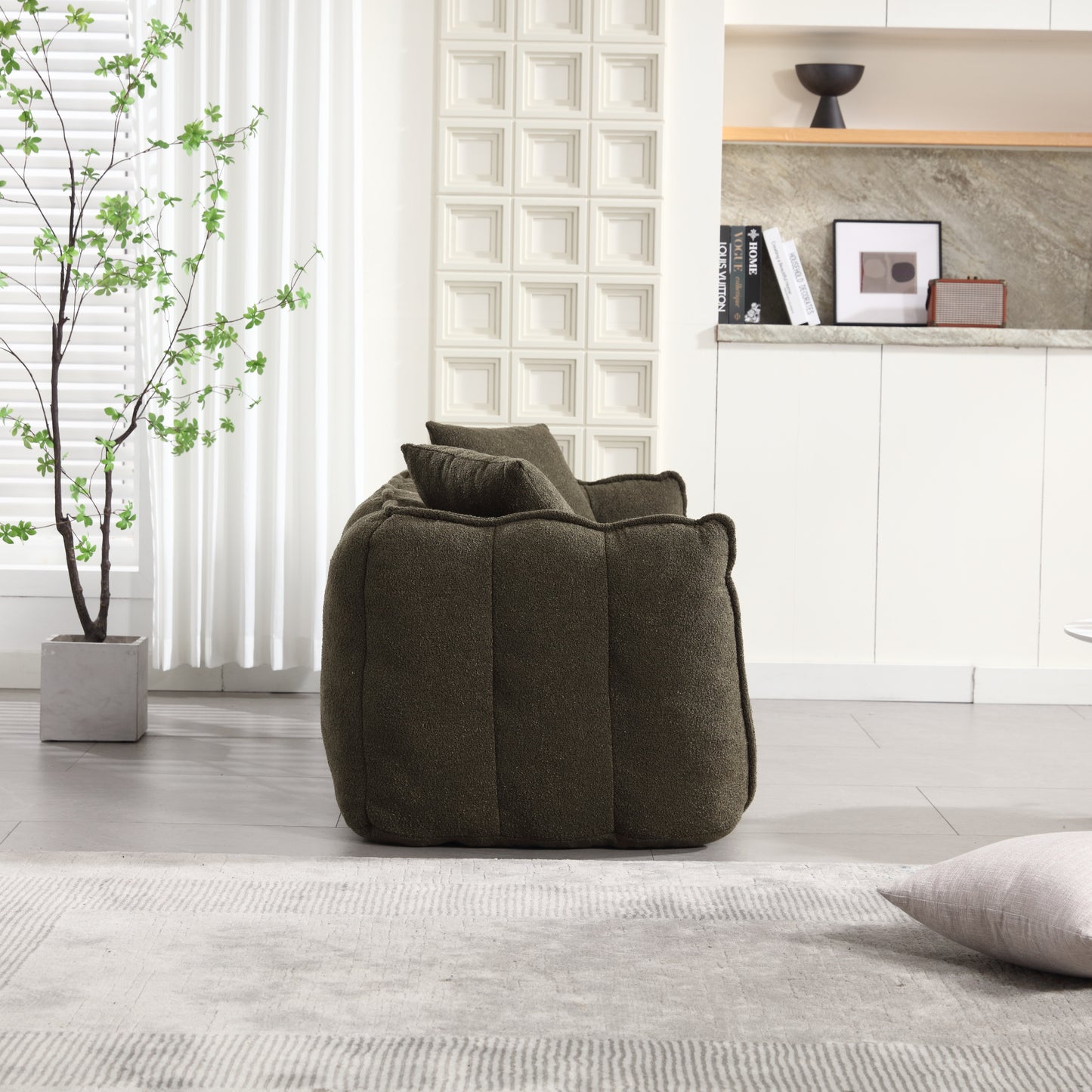 Olive Green Soft Beanbag Chair for Two - Chenille Foam Recliner
