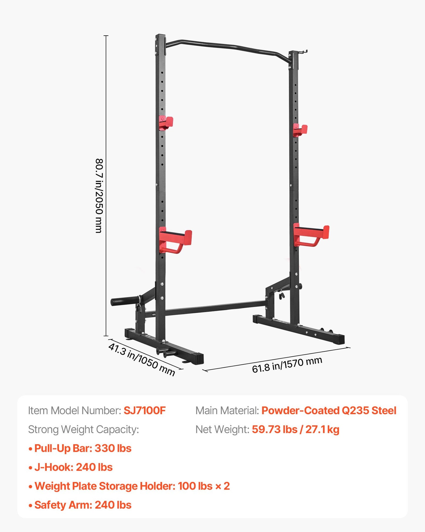 Power Cage Squat Rack with Adjustable J-Hooks & Safety Bars - 1000LBS Capacity