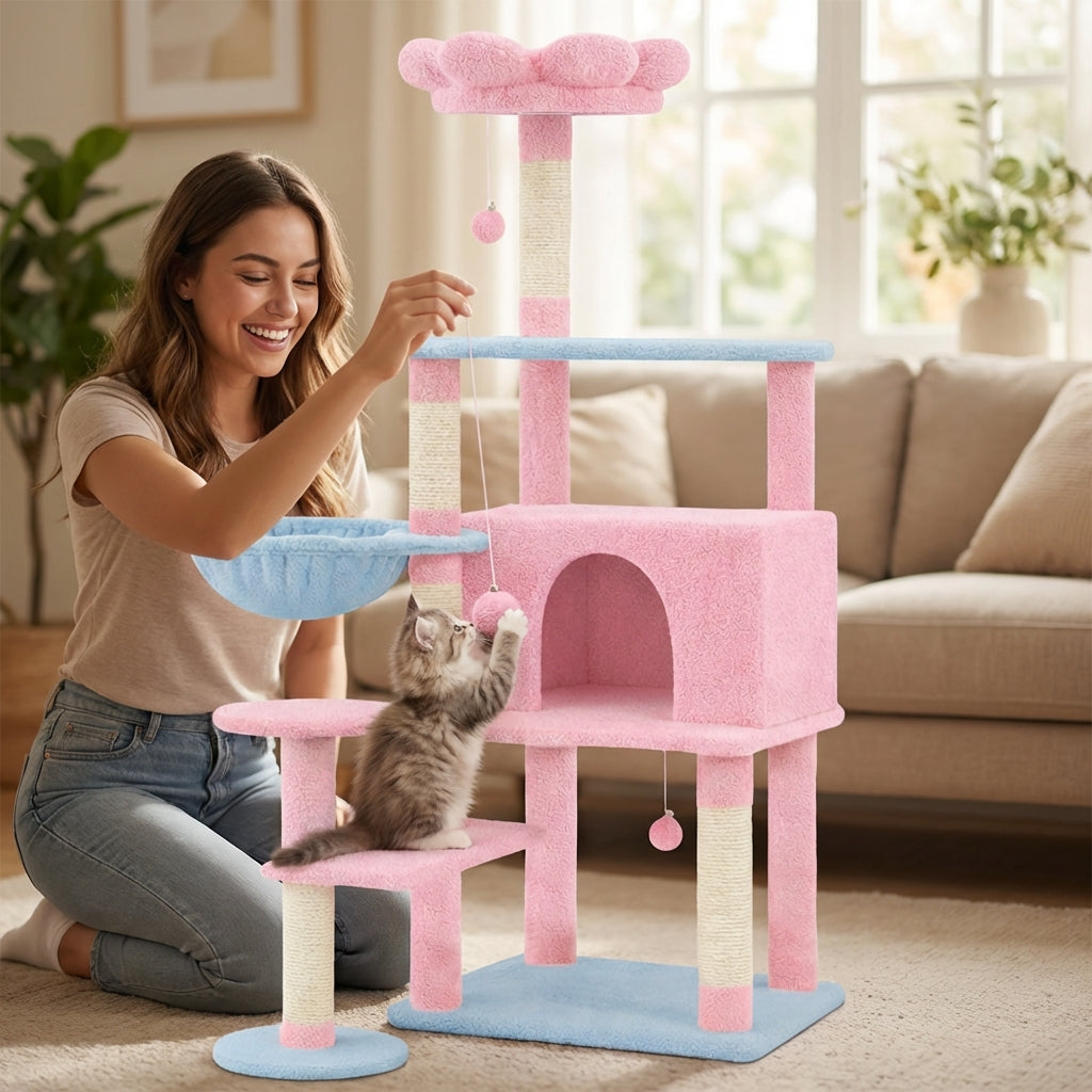 Pink Flower Cat Tree with Large Condo, Removable Cushion & Hammock - 56 Inch Tall