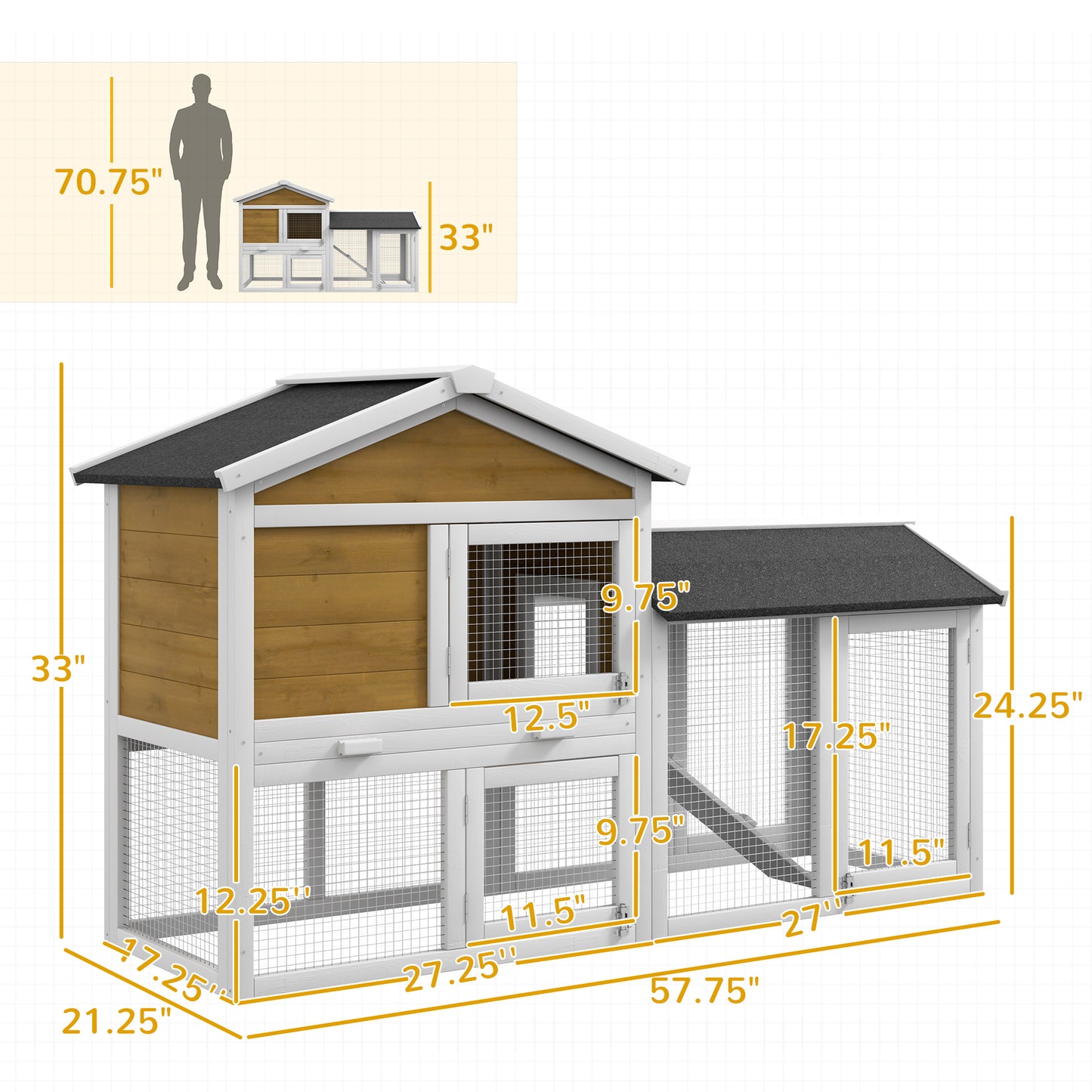 58-Inch Wooden Rabbit Hutch with Run and Removable Tray - Natural Wood