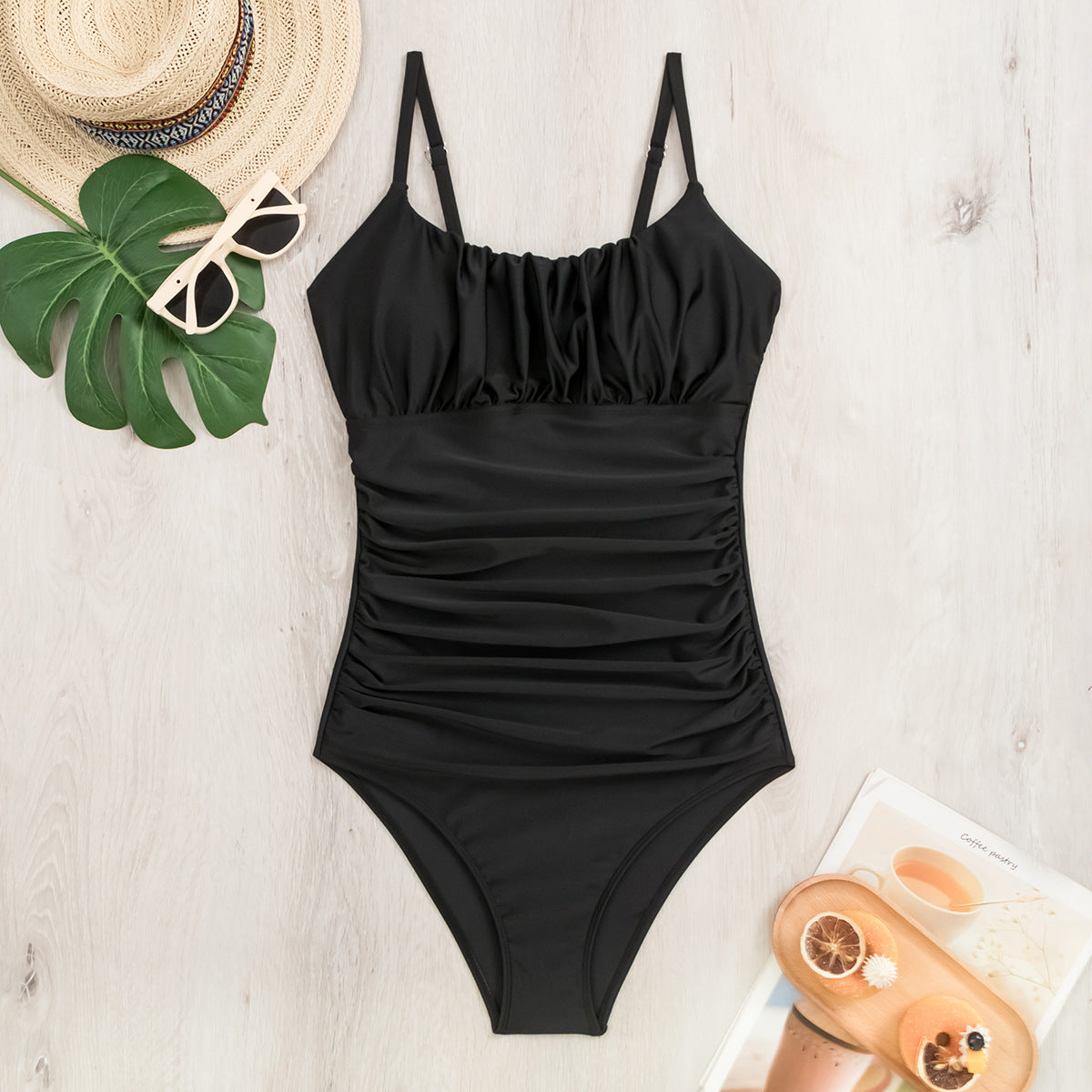 Modest Black Ruched One-Piece Swimsuit for Women - Multiple Sizes