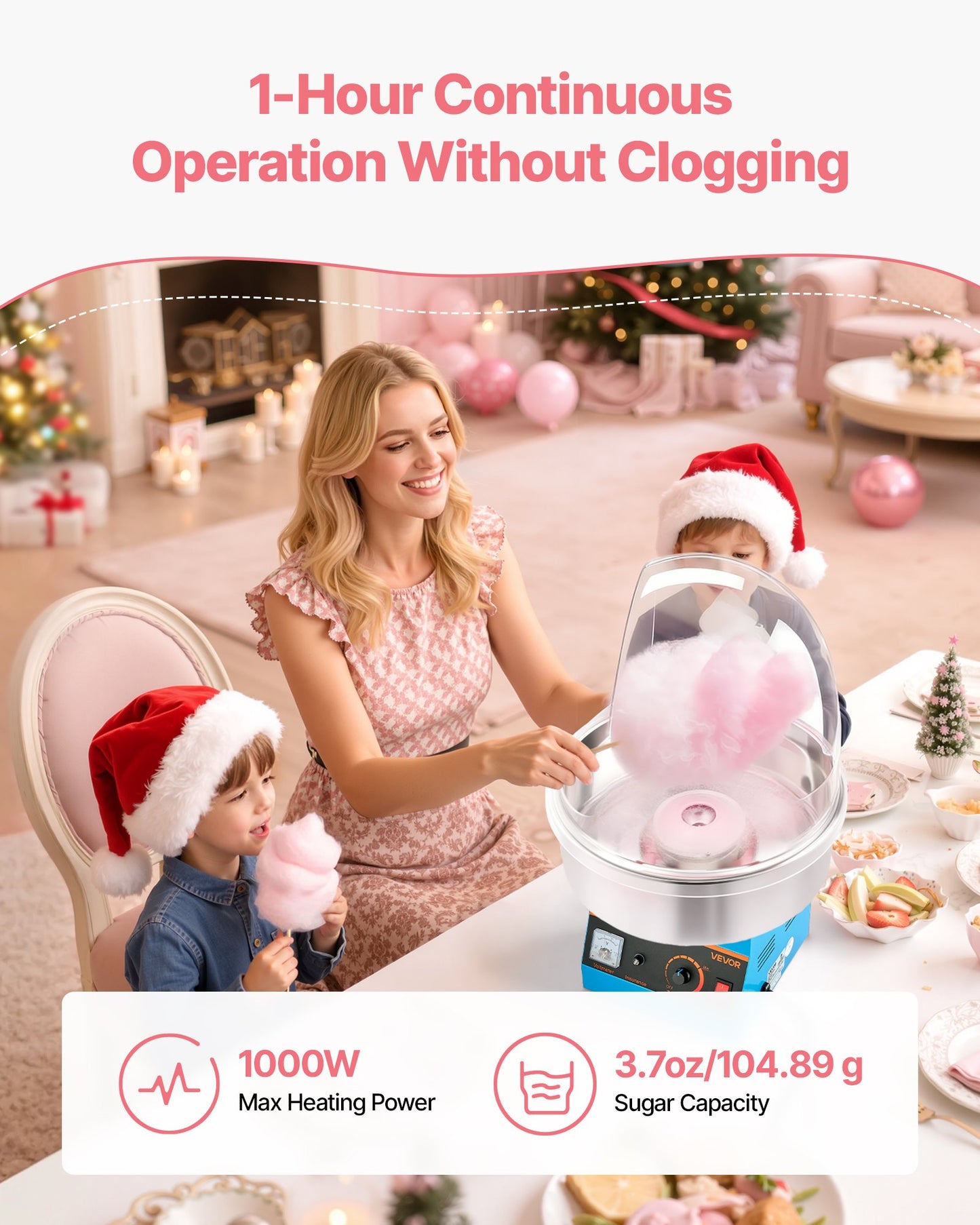 Electric Cotton Candy Machine 1000W Commercial Floss Maker with Cover & Stainless Steel Bowl