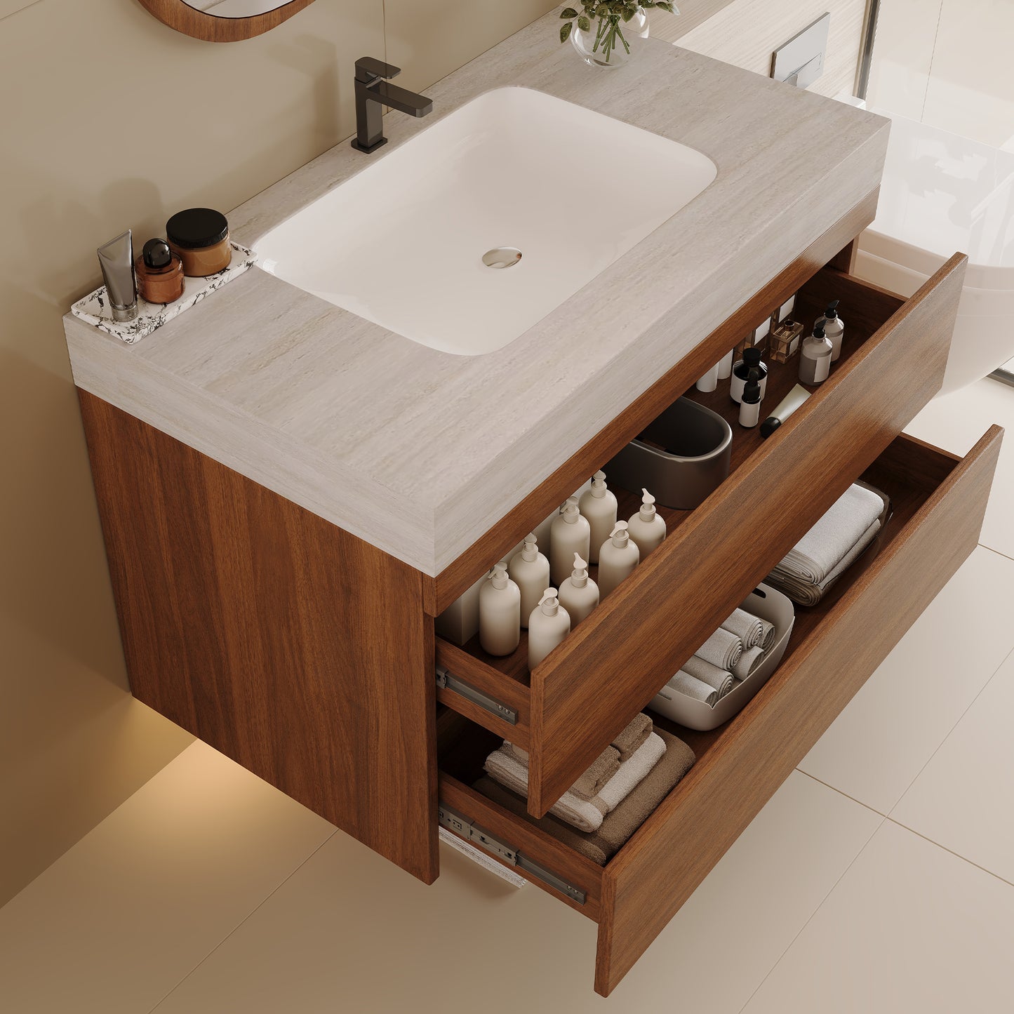 29.9" Modern Floating Bathroom Vanity with Faux Marble Top - Stone Gray Walnut