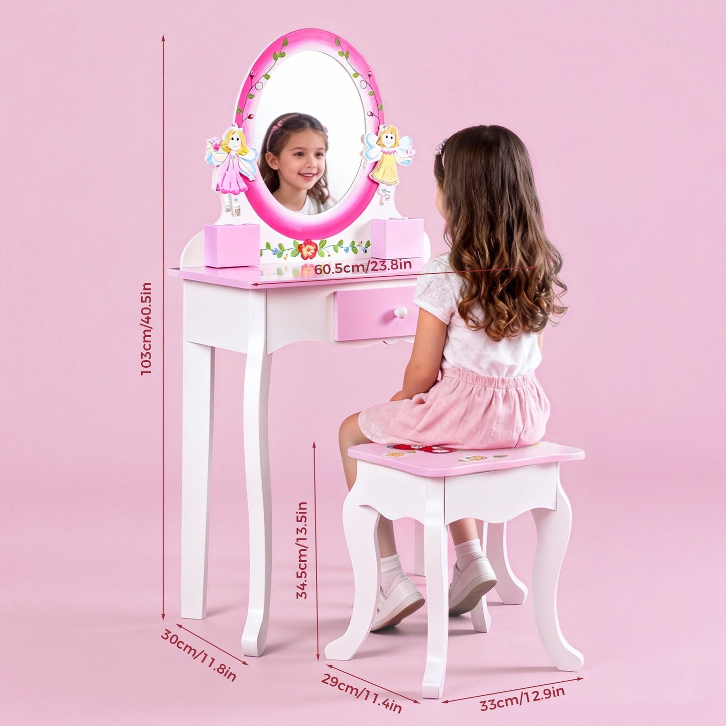 Kids Vanity Set Floral Printed Wooden Makeup Dressing Princess Table