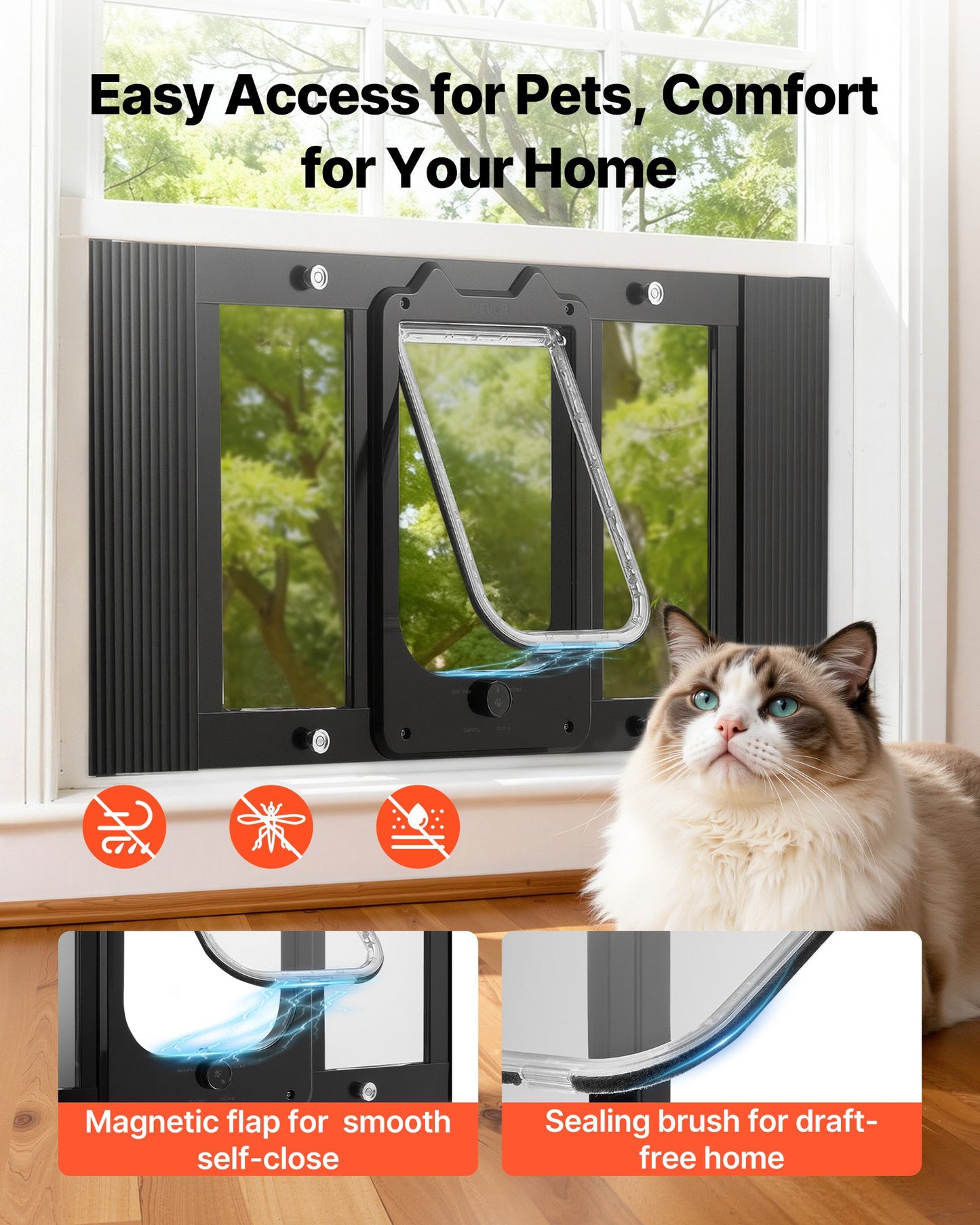 Adjustable Cat Door for Window - Weatherproof Aluminum Frame with Magnetic Closure