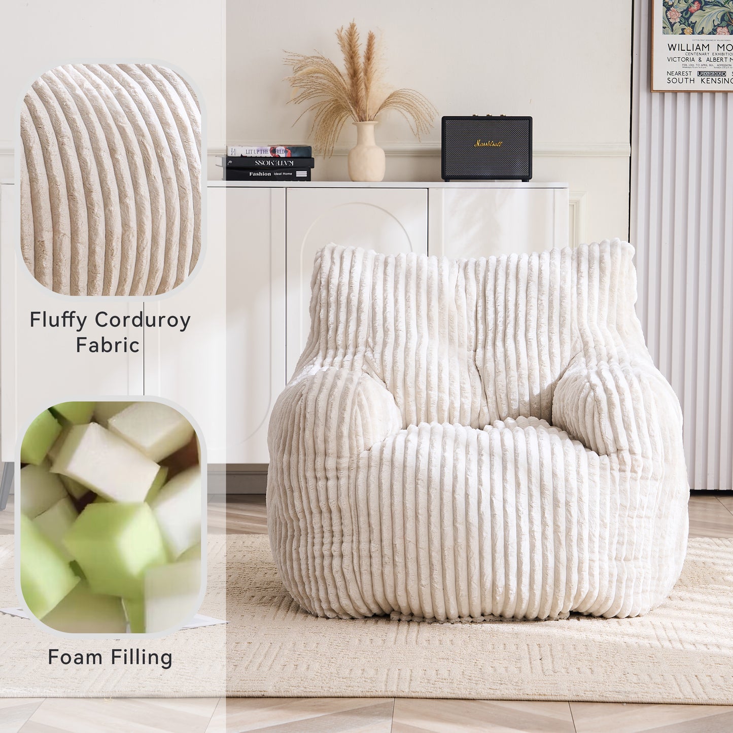 Soft Corduroy Bean Bag Chair with Memory Foam - Beige